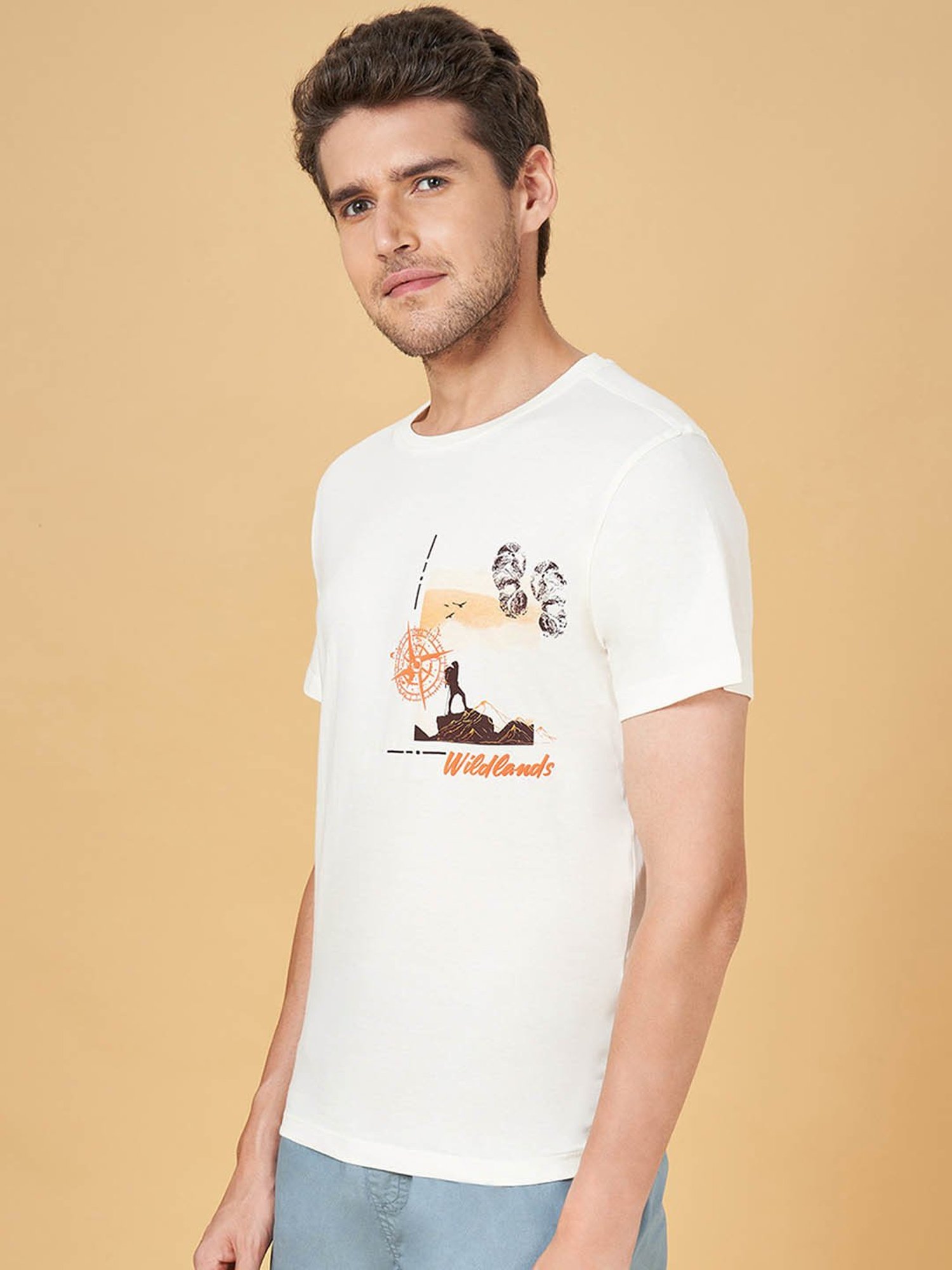 Urban Ranger by Pantaloons White Cotton Slim Fit Printed T-Shirt