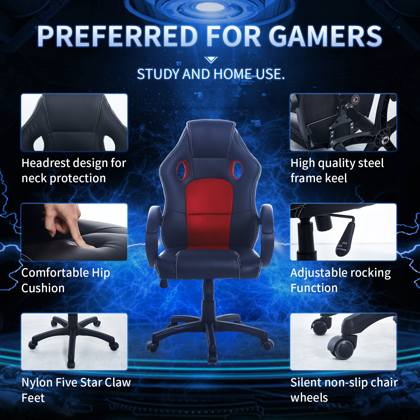 Gaming Chair, Racing Style Computer Desk Chair Padded Armrests Ergonomic Lumbar Support Adjustable Height