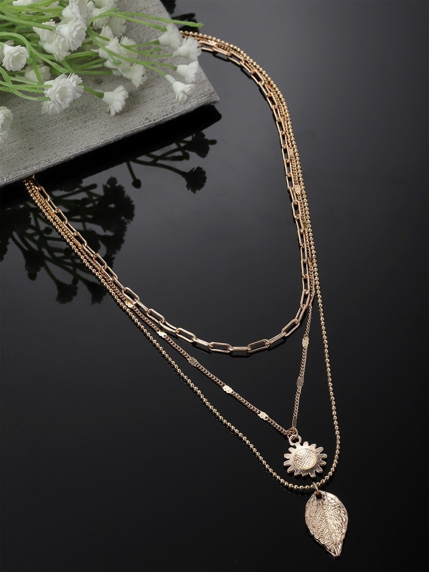 Karatcart Golden Sea Shell and Textured Disk Multicharm Multilayered Chain Women