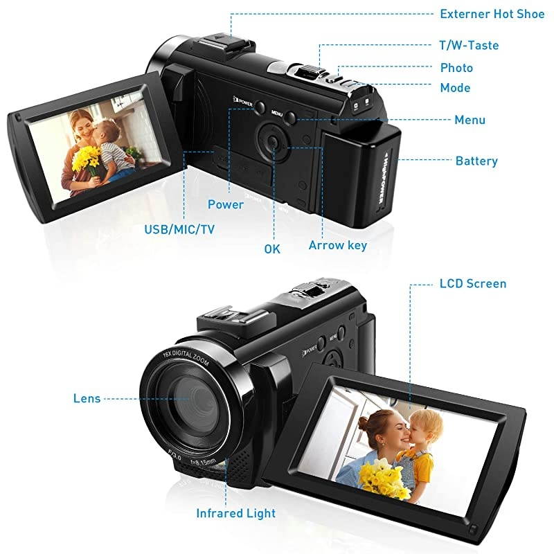 Video Camera Camcorder, Digital YouTube Vlogging Camera Recorder Full HD 1080P 15FPS 24MP 3.0 Inch 270 Degree Rotation LCD 16X Digital Zoom Camcorder and Battery Christmas