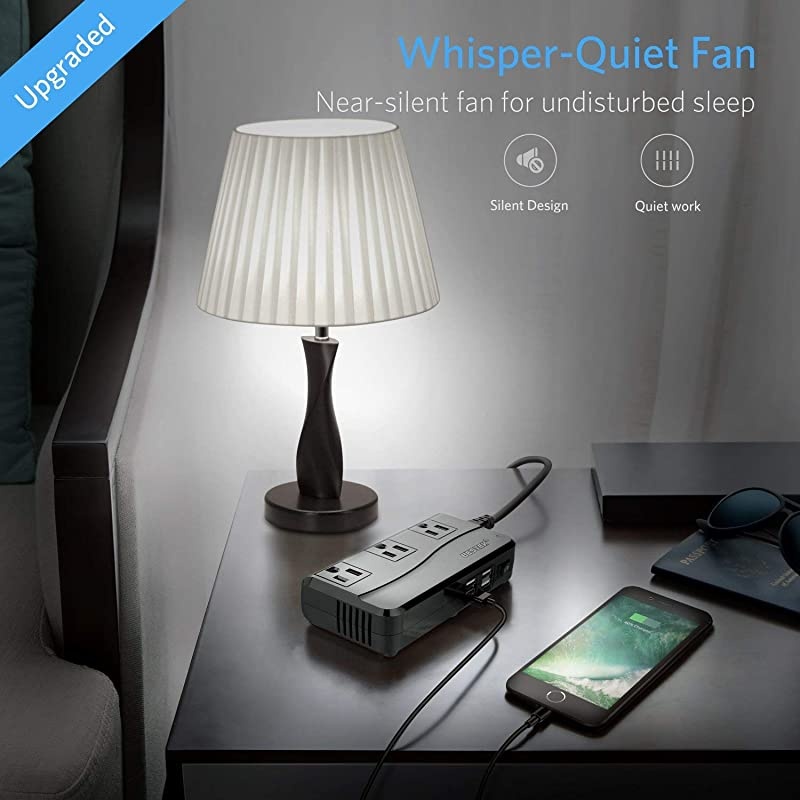 Universal Travel Adapter 220V to 110V Voltage Converter with 6A 4Port USB Charging and UKAUUSEU Worldwide Plug Adapter Black