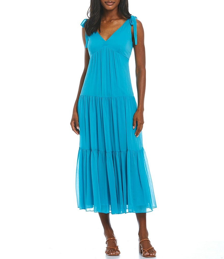 Maison Tara Sleeveless Solid Chiffon Tiered Smocked Back Maxi Dress