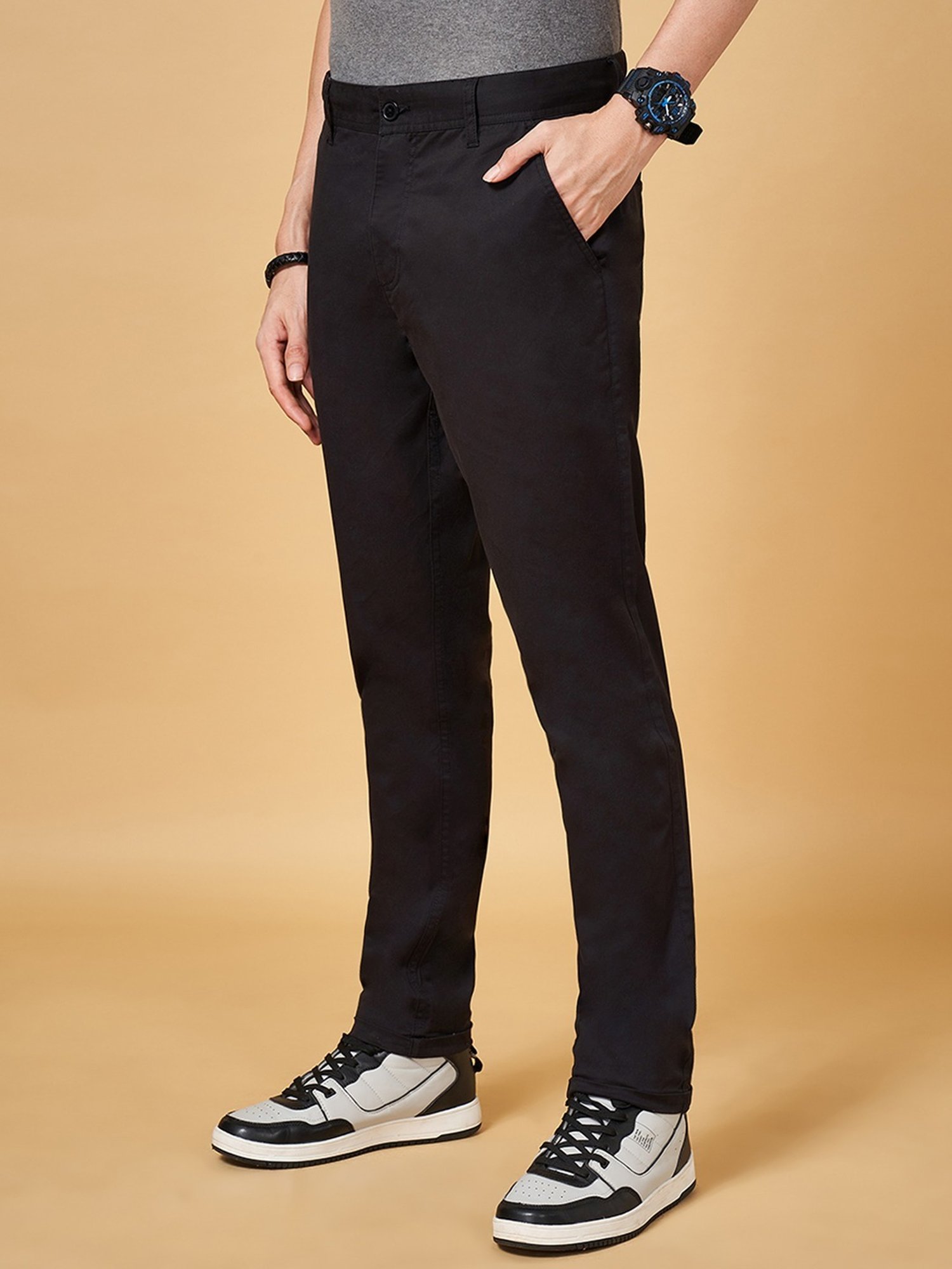 YU by Pantaloons Black Cotton Regular Fit Trousers