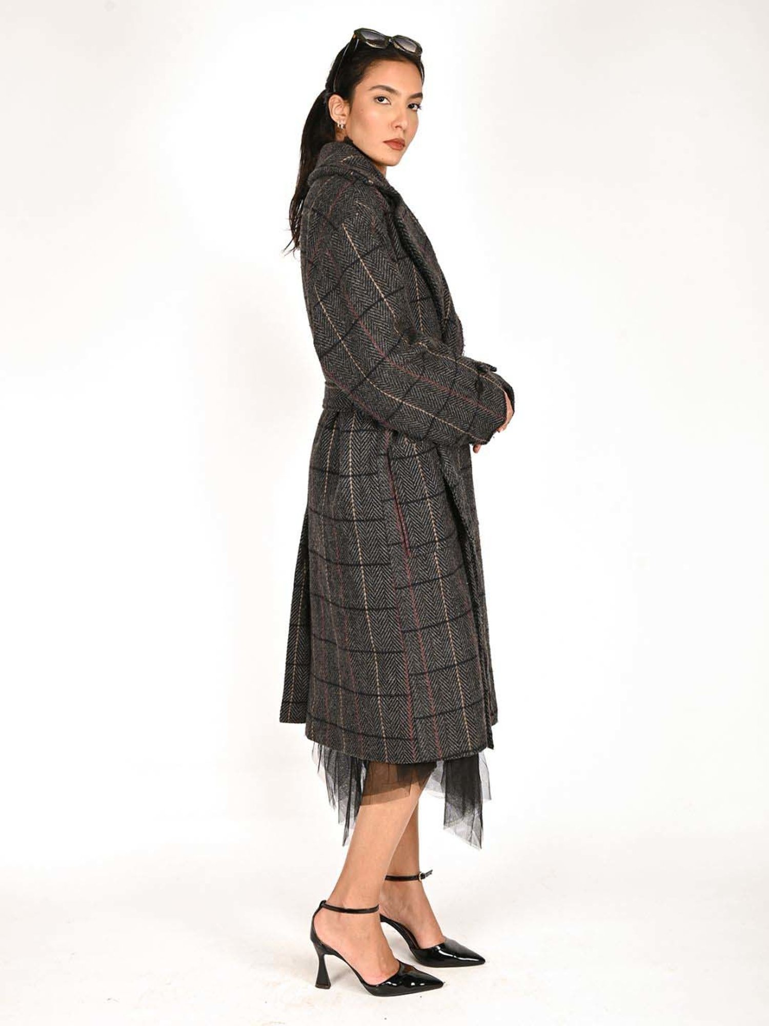 Odette Grey Self Pattern Jacket With Belt