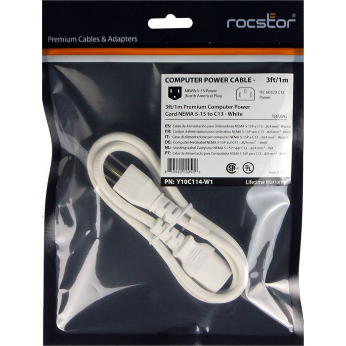 Rocstor Y10C114-W1 Rocstor 3ft Computer Power Cord NEMA5-15P to C13 - For PC, Printer, Projector, Television, Server, PDU - White