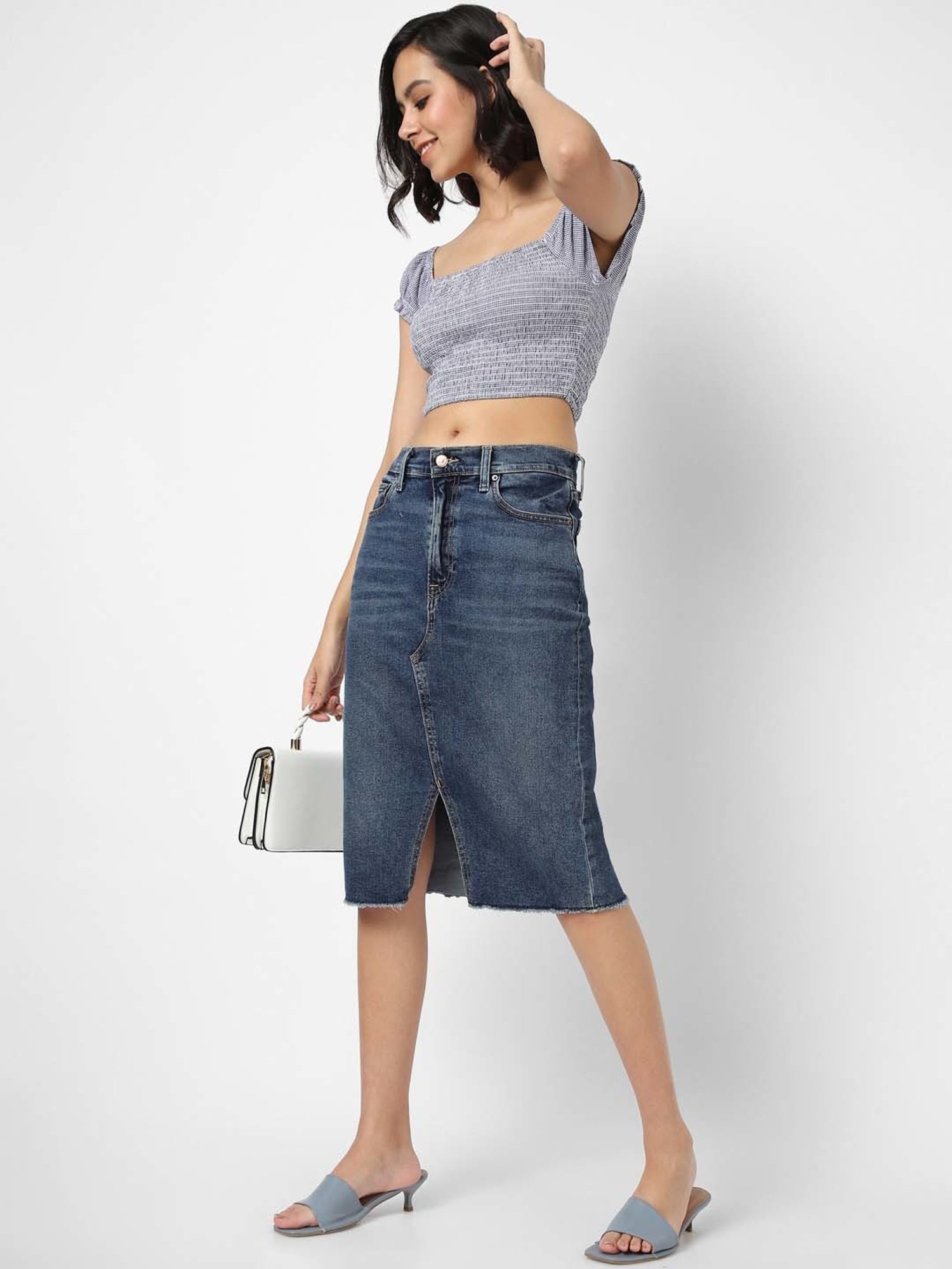 VASTRADO Blue Cotton Chequered Crop Top