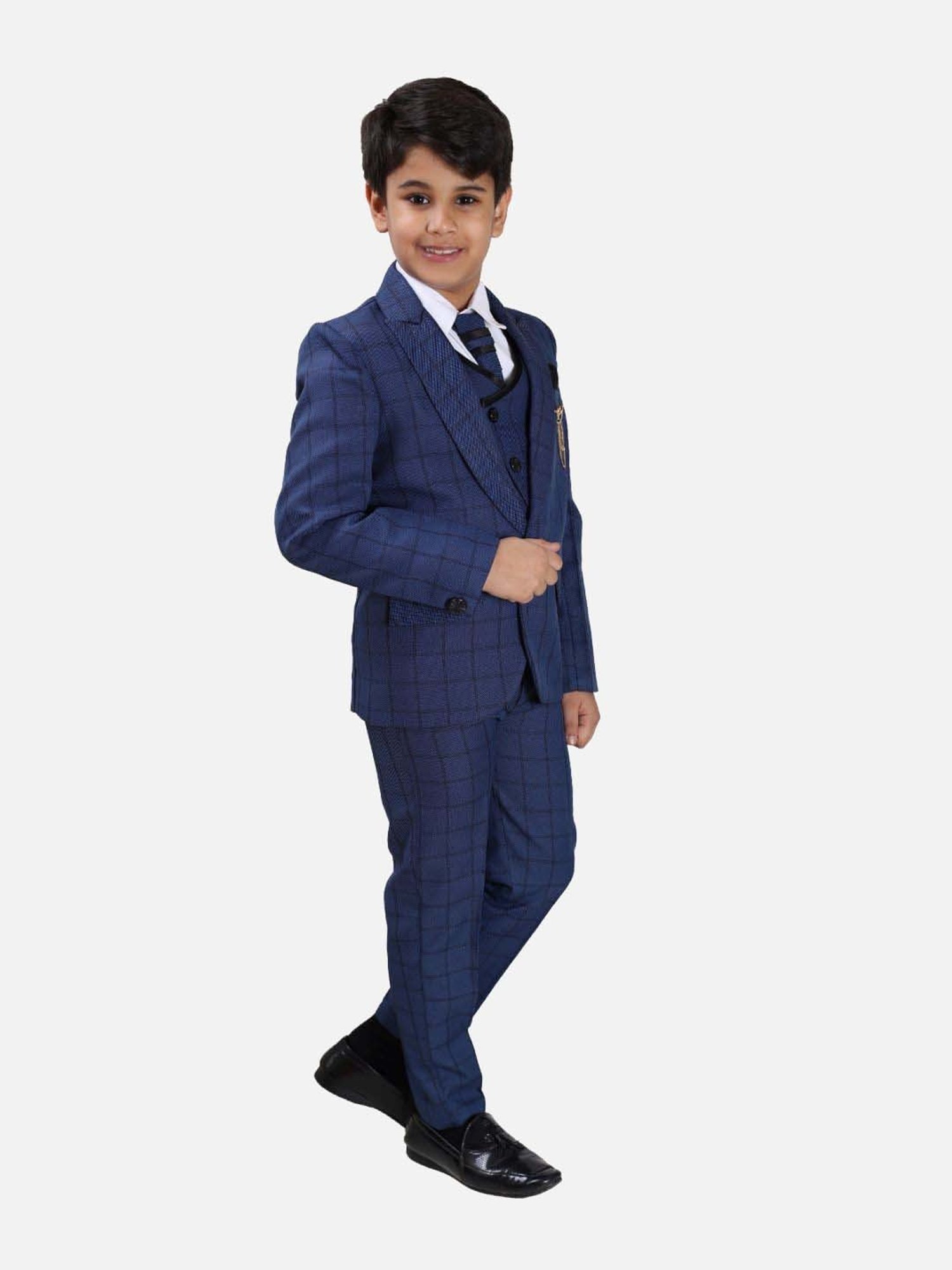 Fourfolds Boys Blue Checks Full Sleeves Suit Set