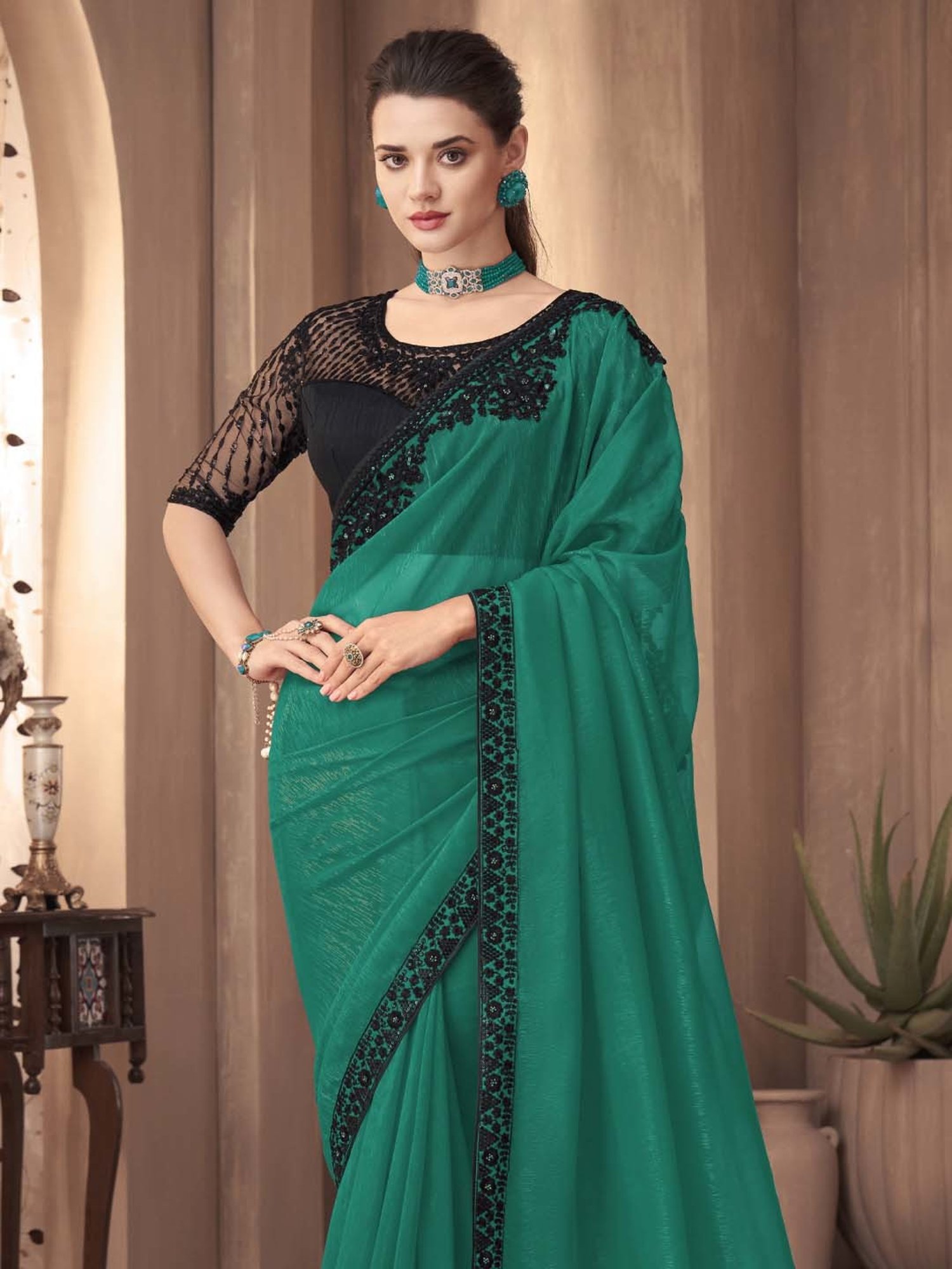 Saree Mall Green Embroidered Saree With Unstitched Blouse