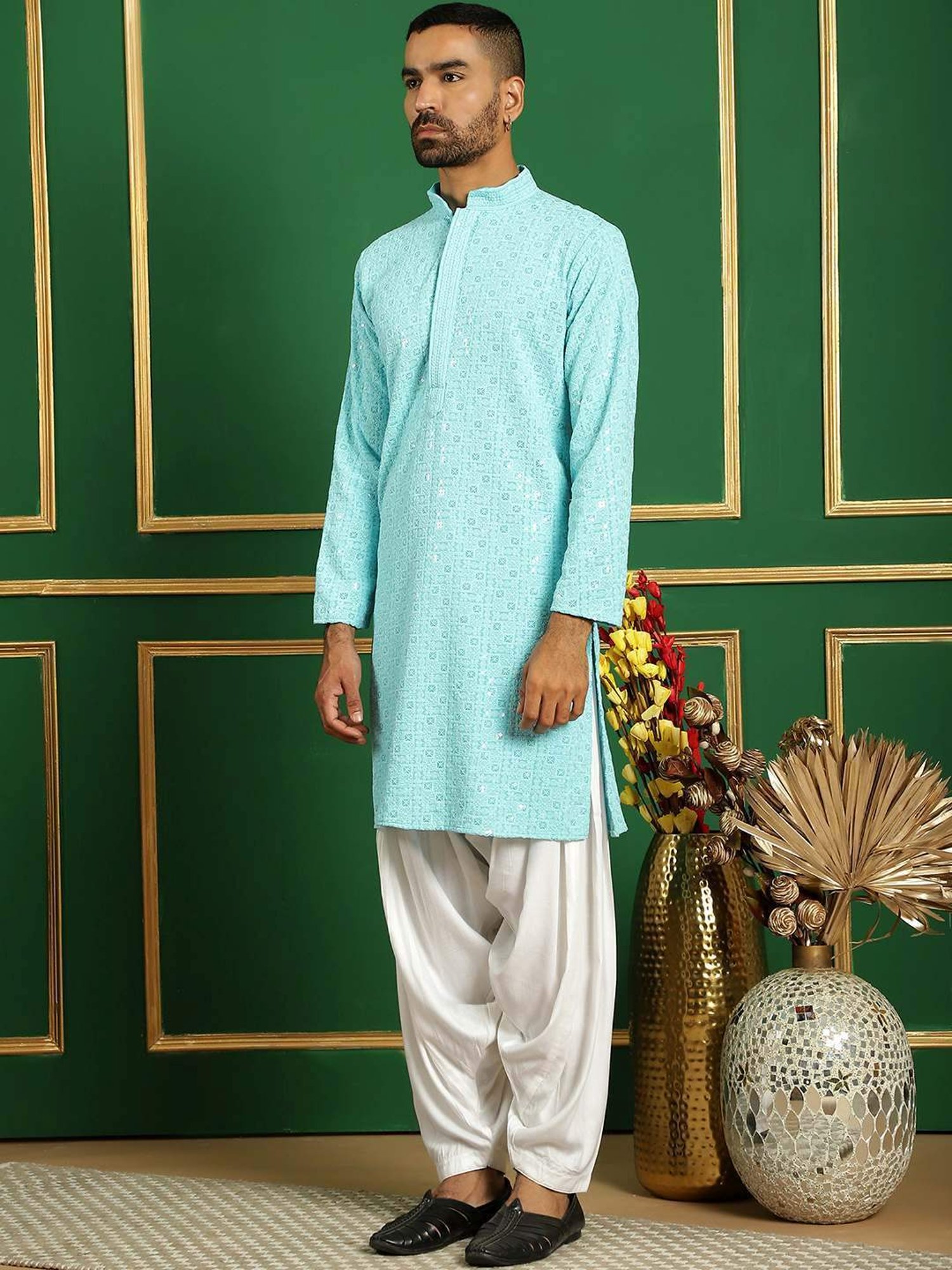 Jompers Blue & White Regular Fit Embroidered Kurta Bottom Set