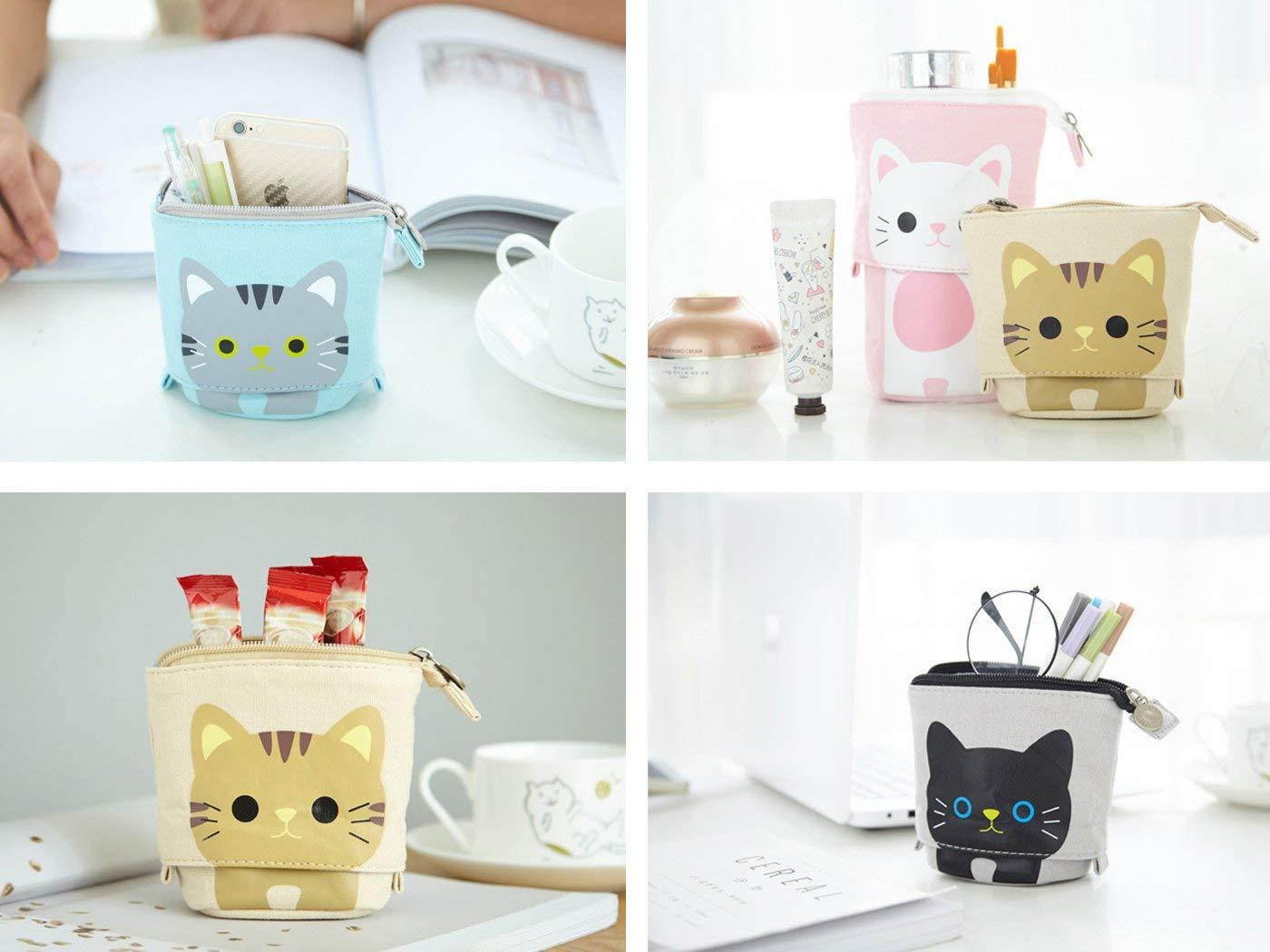 Telescopic Pencil Pouch Standing Pen Holder Cute Pencil Bags Stand Up Pen Case Cartoon Pencil/Pens Storage Box Canvas+PU Stationery Organizer Makeup Bag with Zipper Closure (Pink)