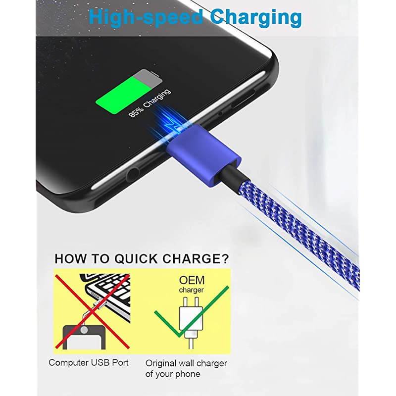 USB Type C Cable  USB C Cable 3 Pack 6Ft Nylon Braided USB C to USB A Fast Charger Cord Compatible Samsung Galaxy S10 S9 S8 Plus Note10 9 8 LG V50 G8 Moto Z Z3 and More