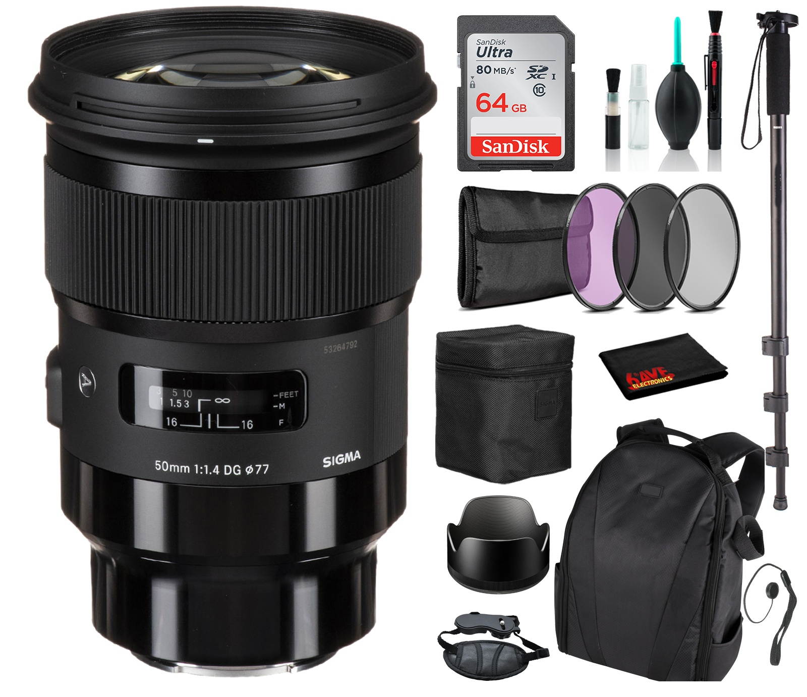 Sigma 50mm f/1.4 DG HSM Art Lens for Sony E with Advance Bundle: Backpack + Sandisk 64gb SD+ More