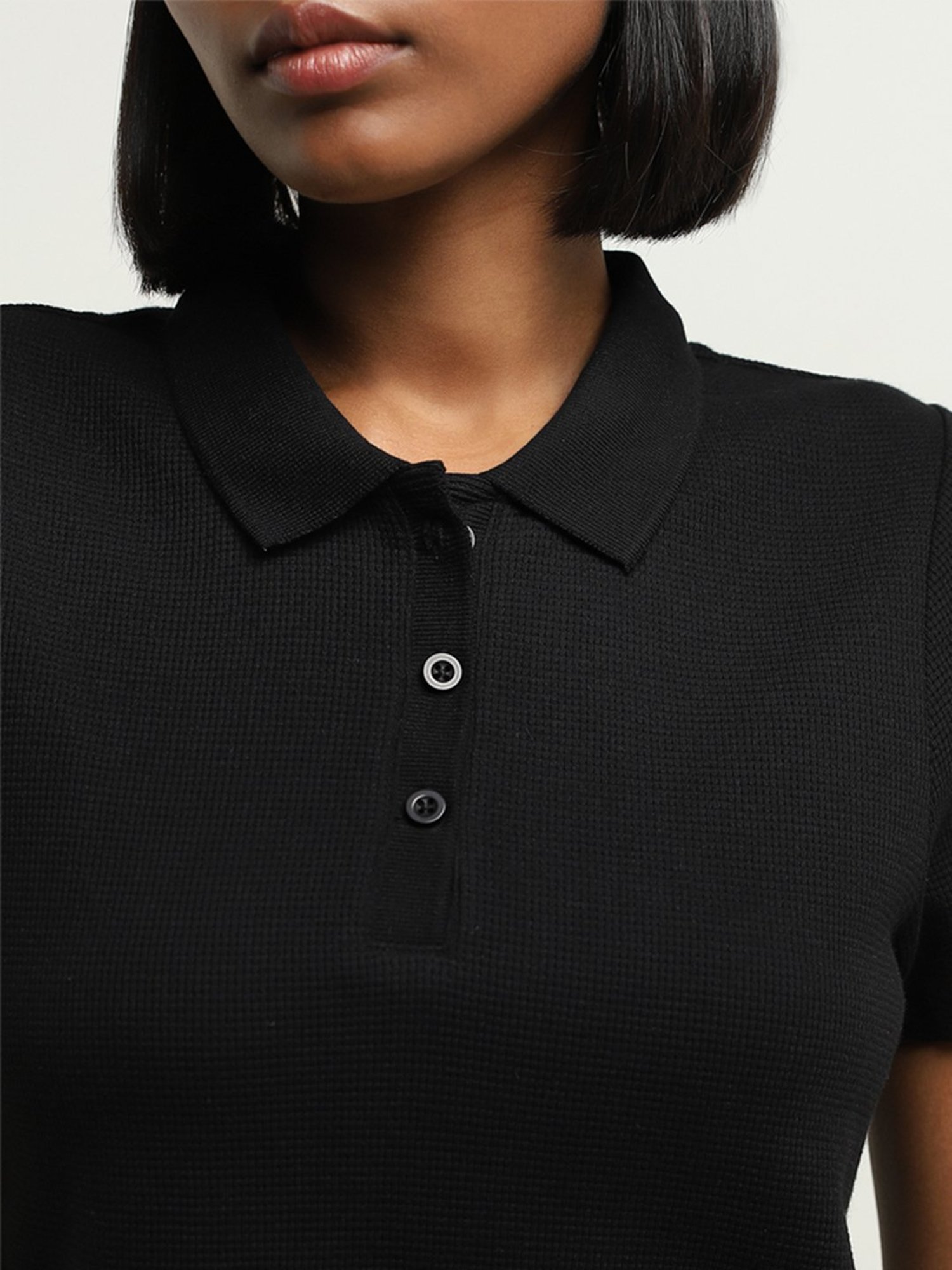 Studiofit by Westside Black Waffle-Textured Cotton Polo T-Shirt