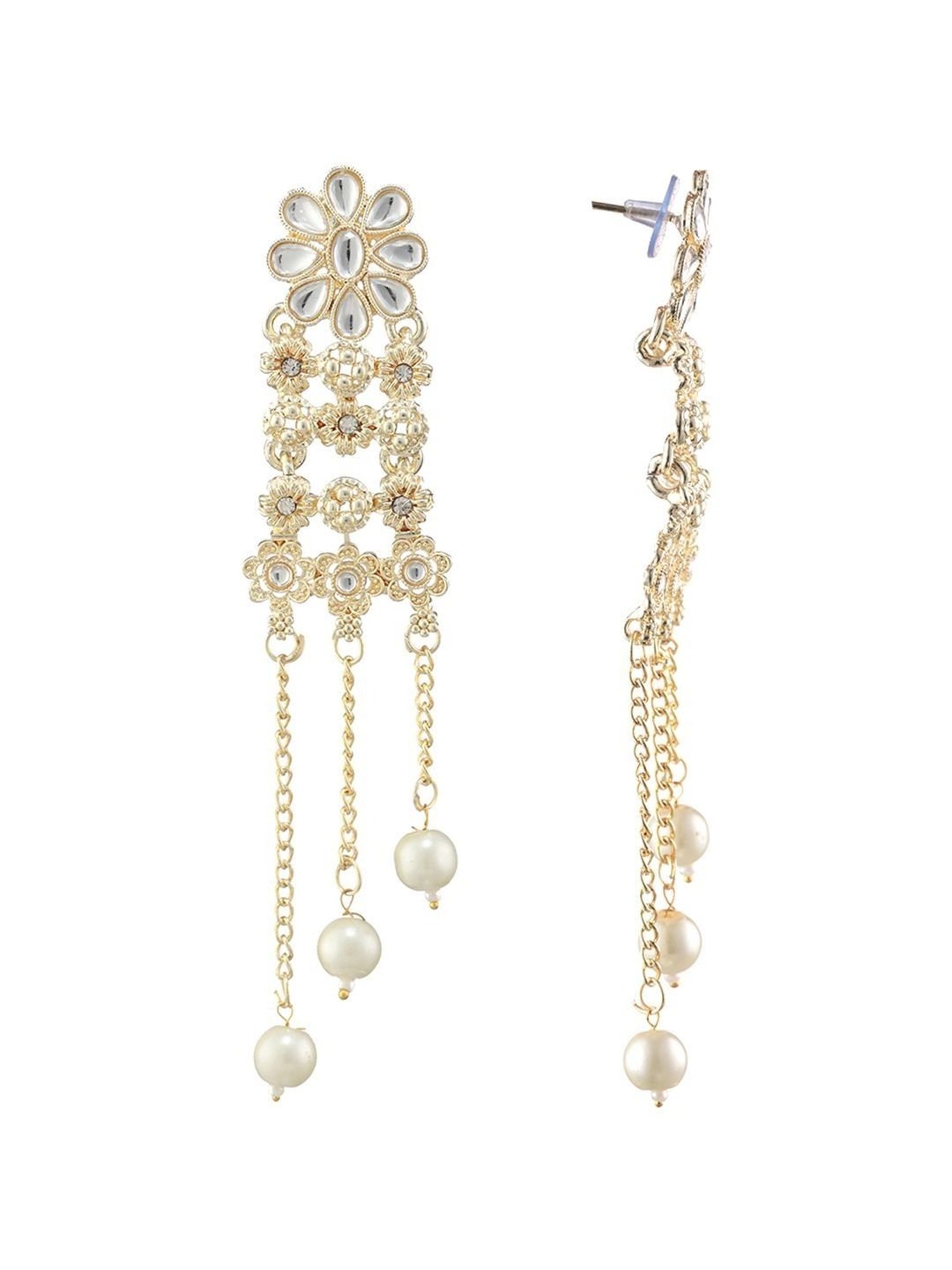 Priyaasi Studded Flower Pearl White Dangler Earrings