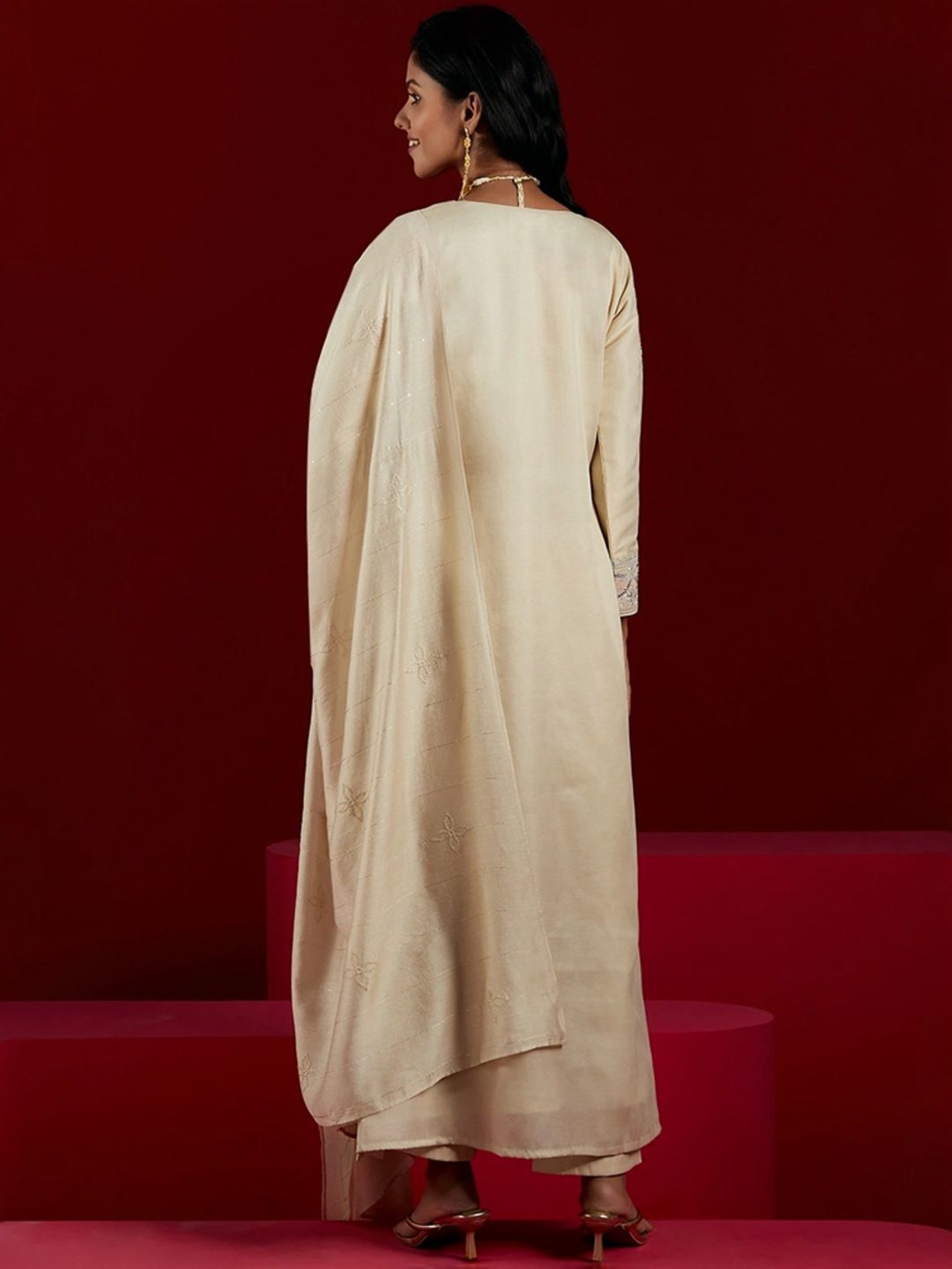 Libas Art Beige Embroidered Kurta Pant Set With Dupatta