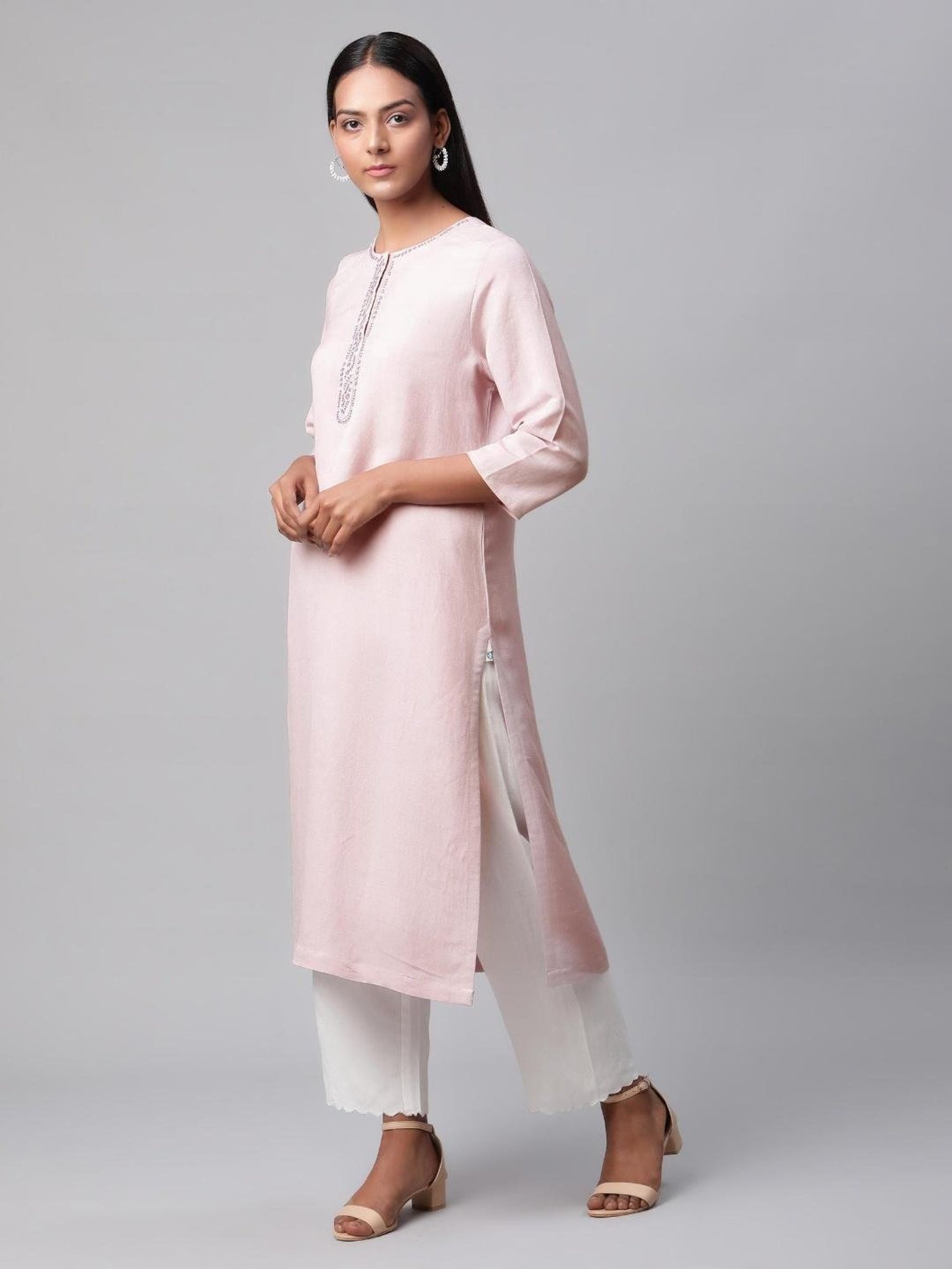 Linen Club Women Light Pink Embroidered Kurta