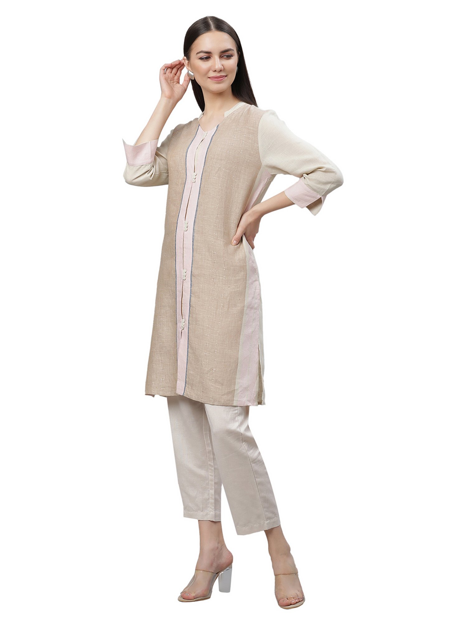 Linen Club Woman Beige Linen A Line Kurta