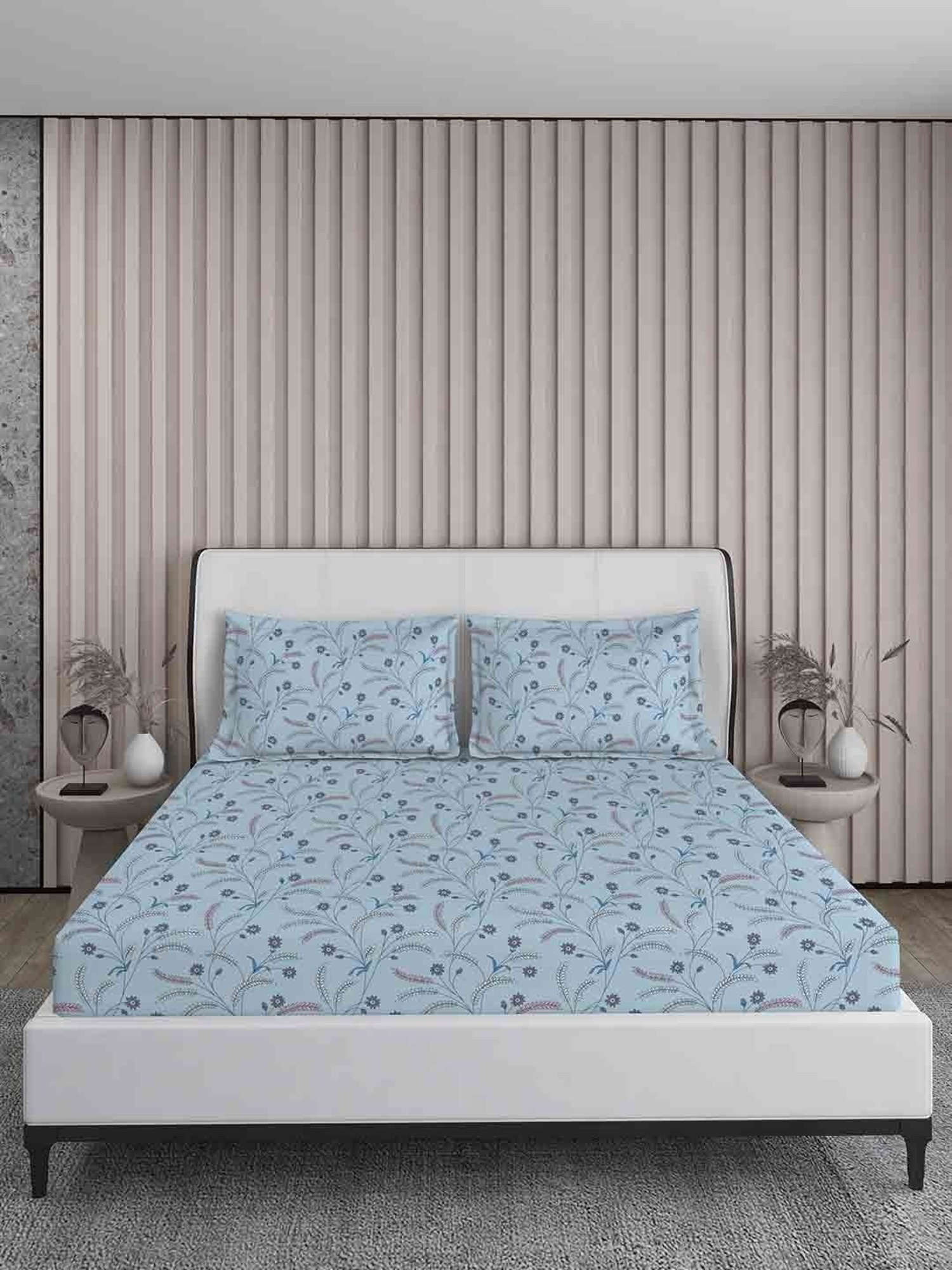 Boutique Living Magnifique  Floral Blue 200 TC Cotton King Bed Sheet with 2 Pillow Covers