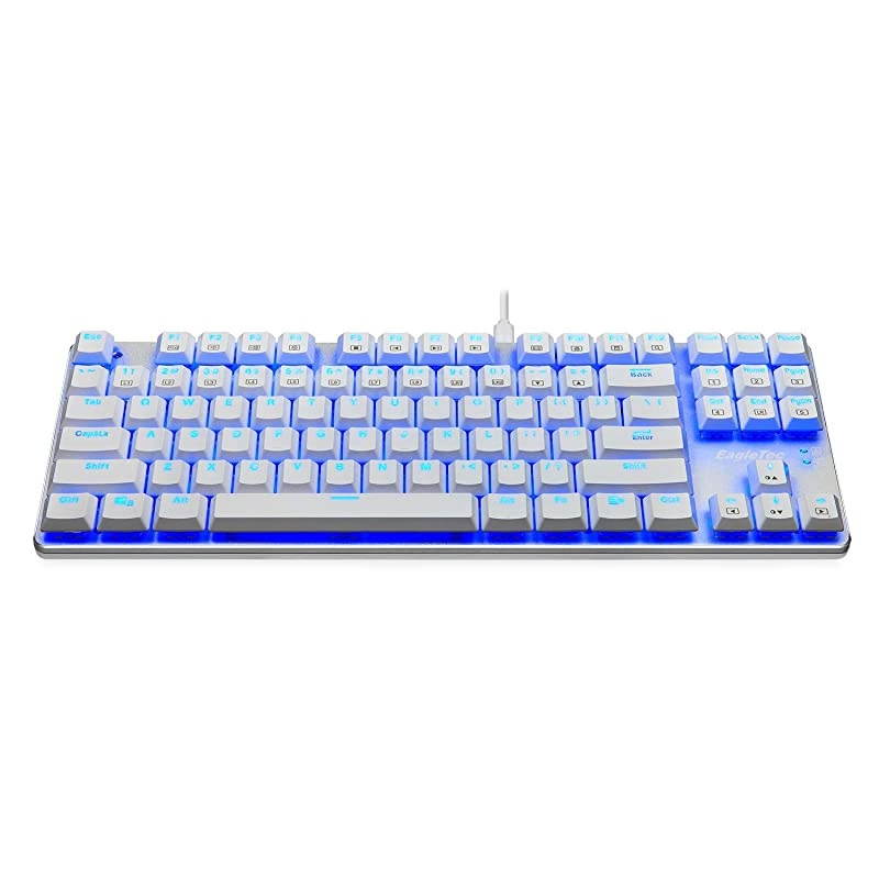 KG061-BR Blue LED Backlit Mechanical Gaming Keyboard Low Profile Mechanical Gamers Keyboard 87 Key Mechanical Computer USB Gaming Keyboard for PC Quiet Cherry Brown Switches (White Version)