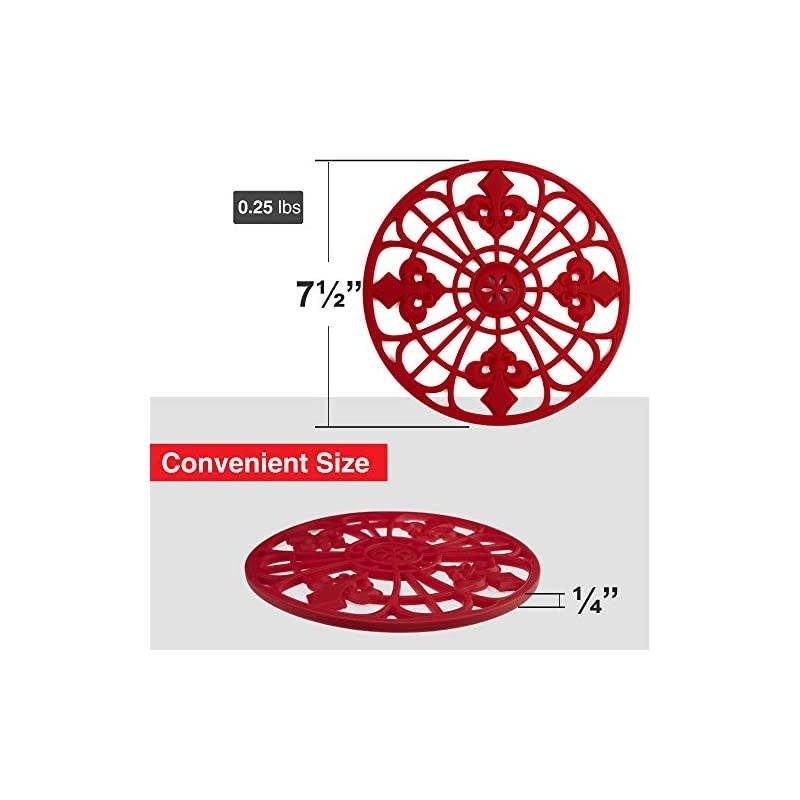 Trivet Set for Hot Dishes, Pots & Pans. These Kitchen Hot Pads 'Fleur De Lis' Design (Symbol of Royalty) Mimics Cast Iron Trivets Without Scratching (7.5 inch Round, Set of 3, Coral Red)