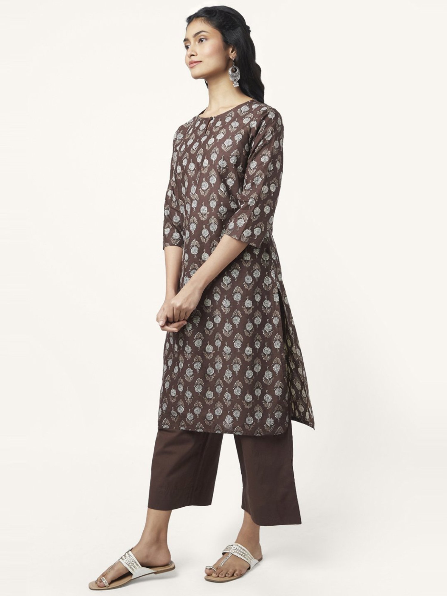 Rangmanch by Pantaloons Brown Cotton Floral Print Kurta Palazzo Set