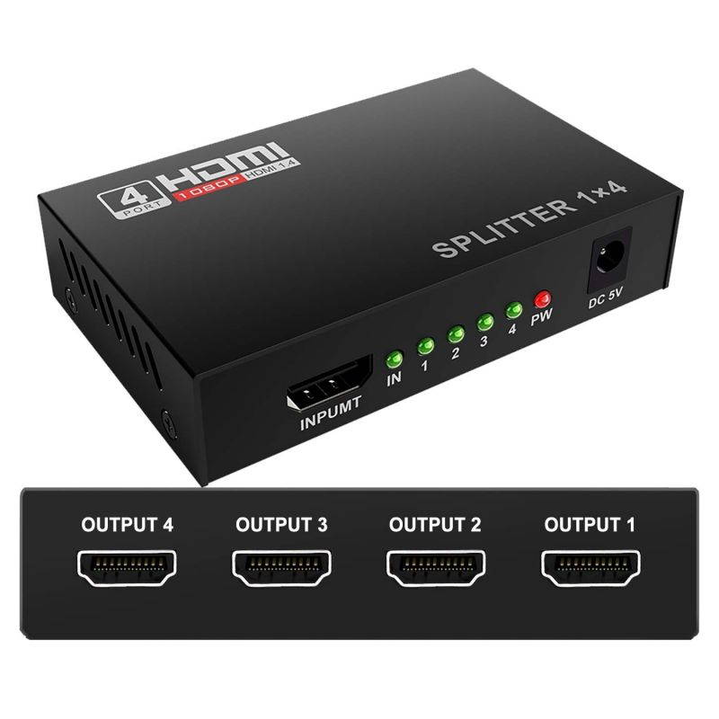 HDMI Splitter 1 in 4 Out V1.4 Powered 1x4 Ports Box Supports 4K@30Hz Full Ultra HD 1080P 3D Compatible with PC STB Xbox PS4 Fire Stick Roku Blu-Ray Player TV HDTV (1 Input to 4 Outputs)