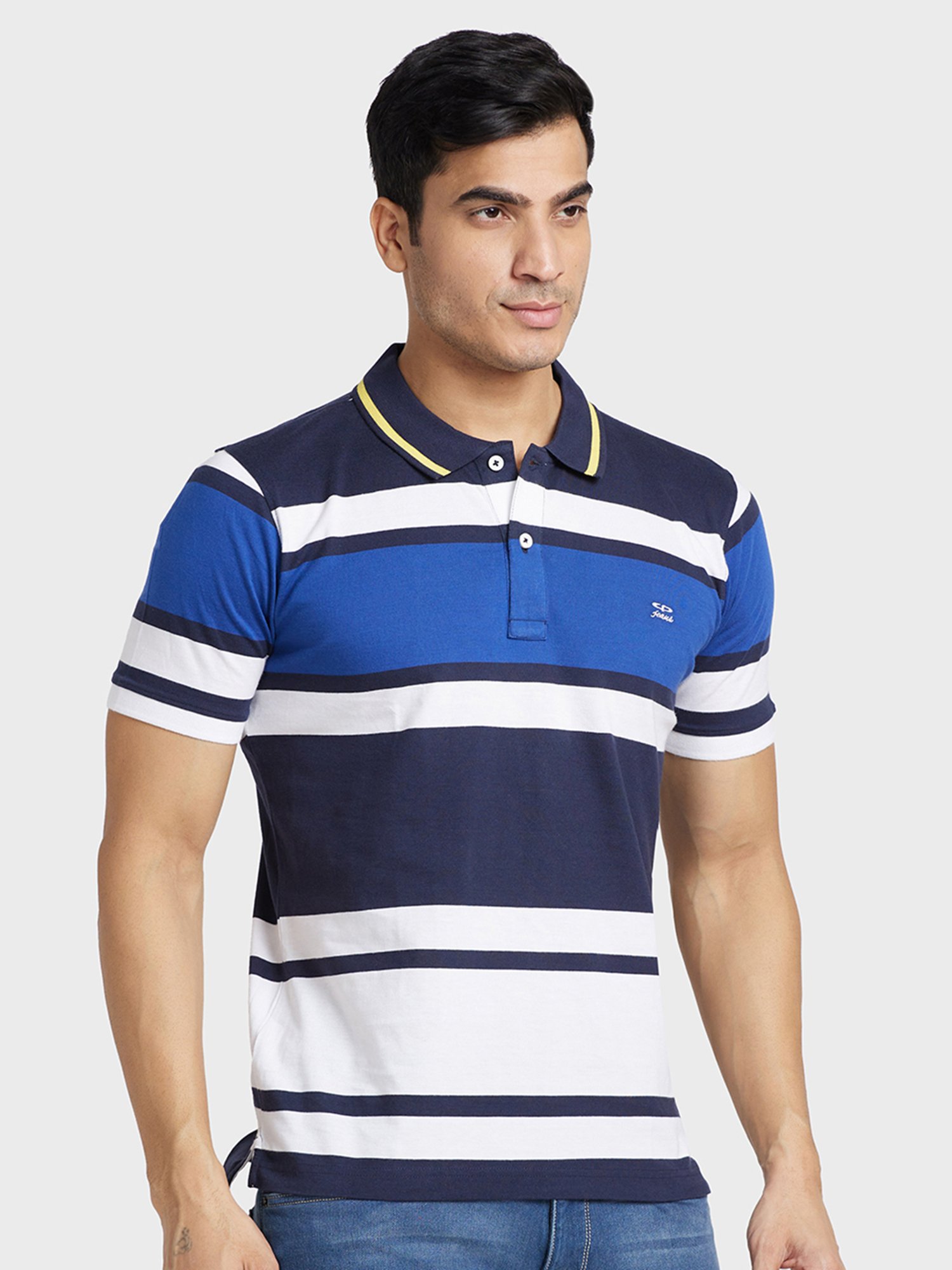 Colorplus Blue Cotton Tailored Fit Striped Polo T-Shirt