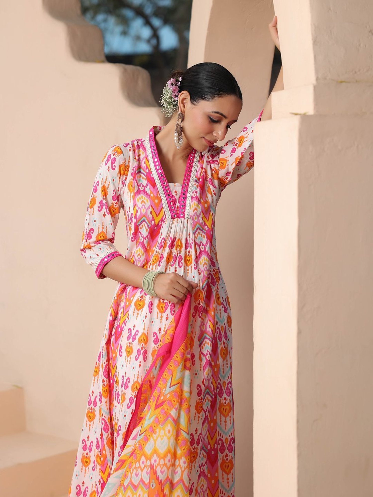 Rain and Rainbow Pink & White Cotton Printed Kurta & Pant Set With Dupatta