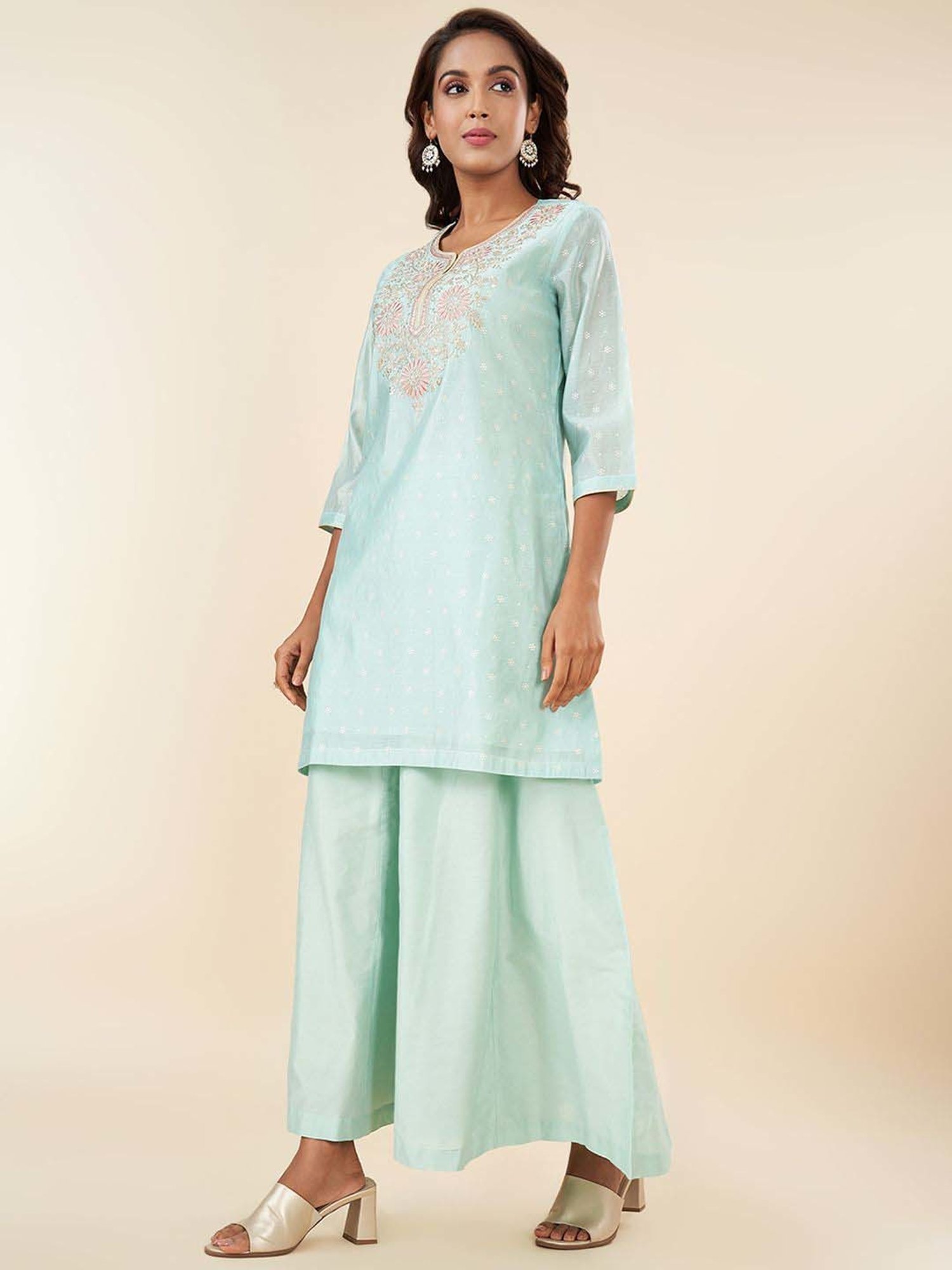 Rangmanch by Pantaloons Blue Embroidered Kurti Palazzo Set With Dupatta