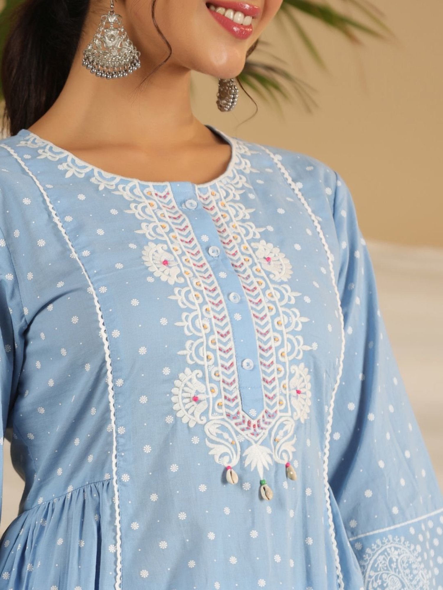 Juniper Cotton Powder Blue Ethnic Motif Print Kurta Palazzo With Dupatta Set With Thread Embroidery