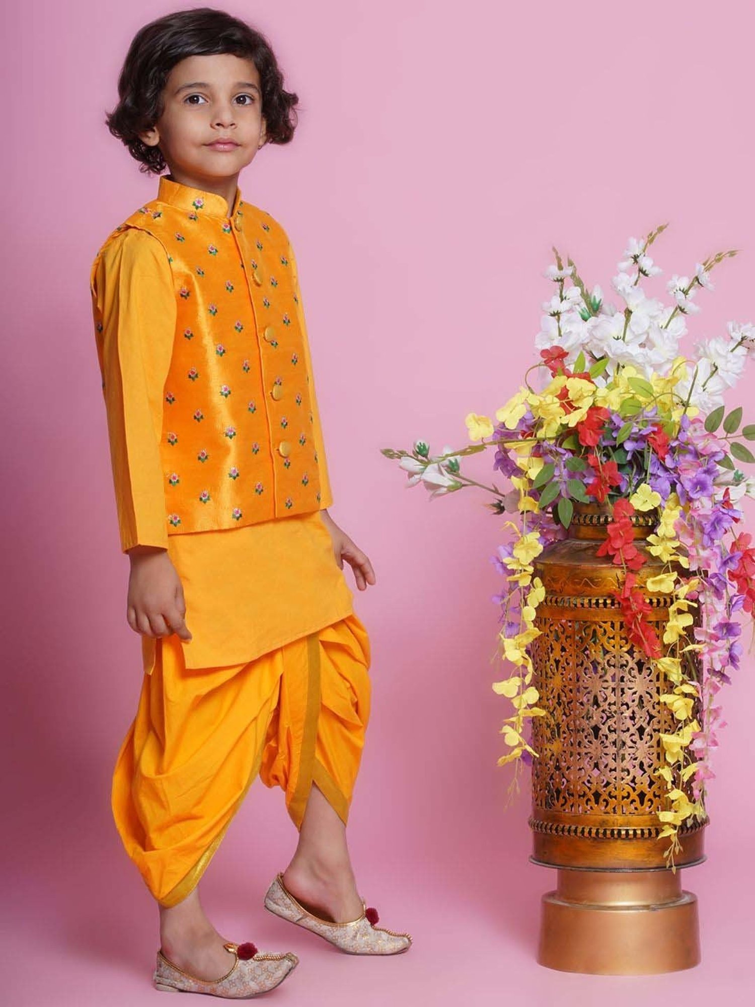 Little Bansi Boys Yellow Cotton Self Full Sleeves Kurta Set
