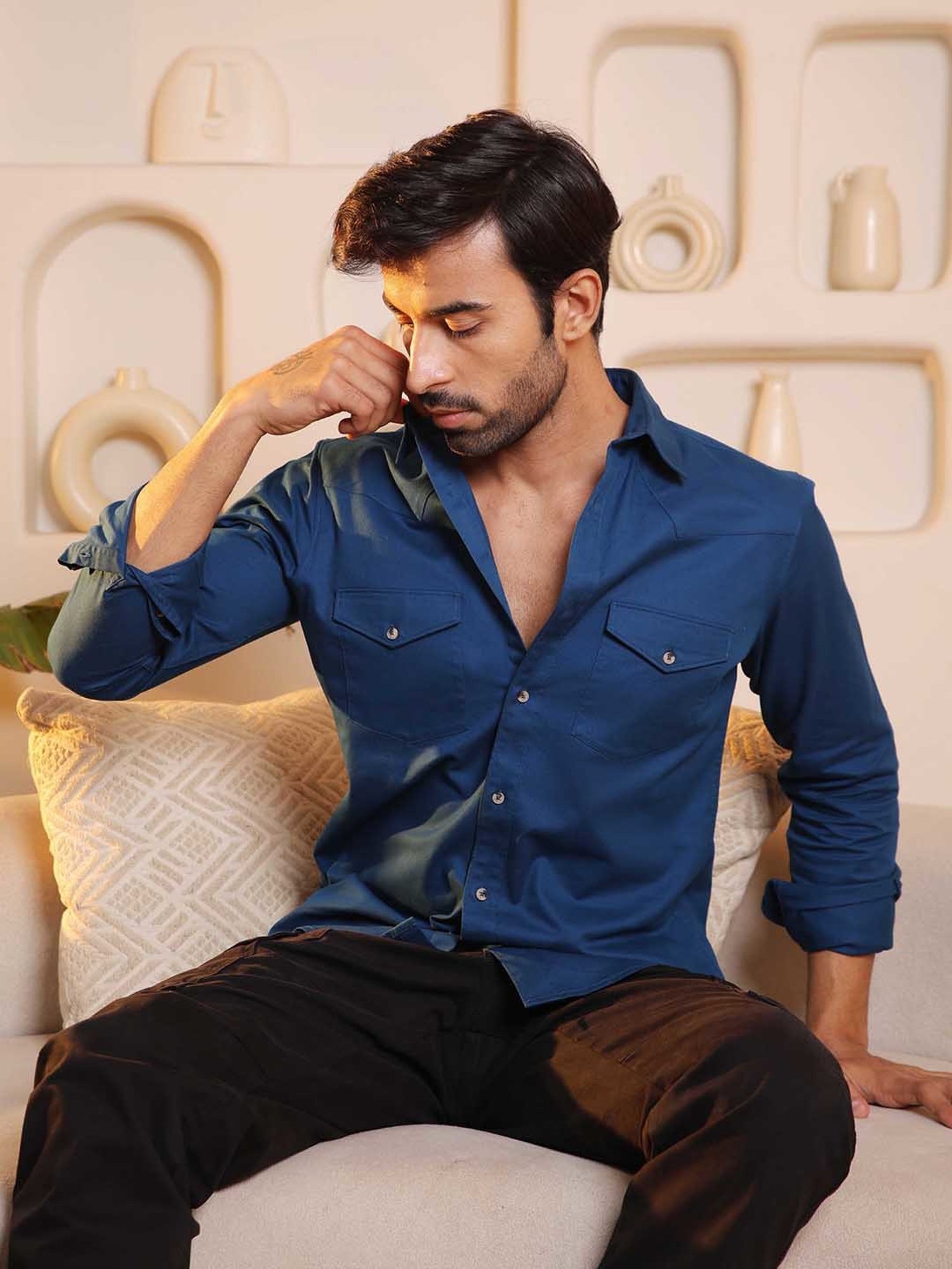 SUBTRACT Prussian Blue Regular Fit Cotton Shirt