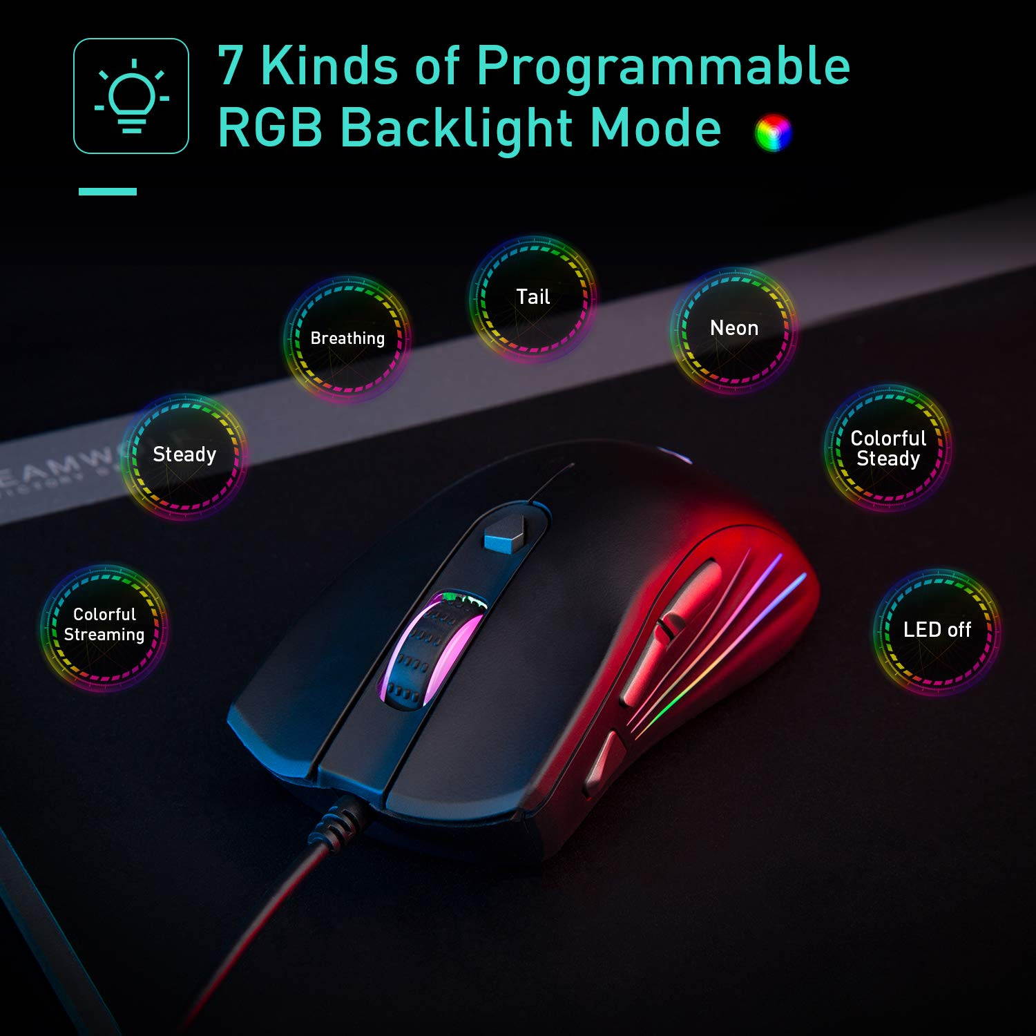 Havit Gaming Mouse 5 DPI(800,1600,2400,4800,7200) 7 RGB Light 1000Hz Polling Rate Computer Ergonomic Wired USB Programmable Mice for Laptop Desktop PC Gamer