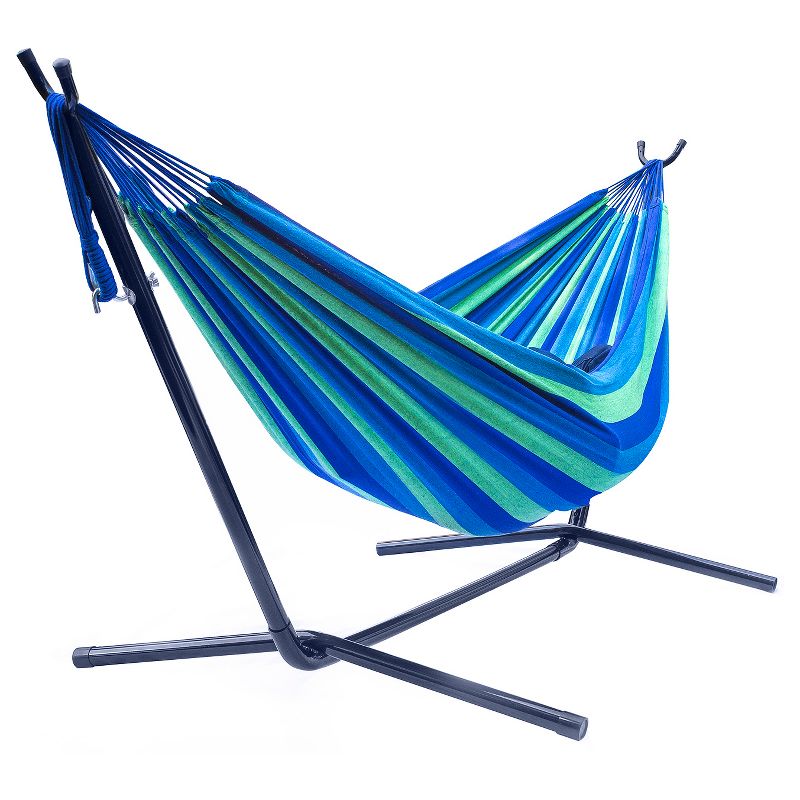 Sorbus Brazilian Double Hammock with Stand - Green, Blue Stripes