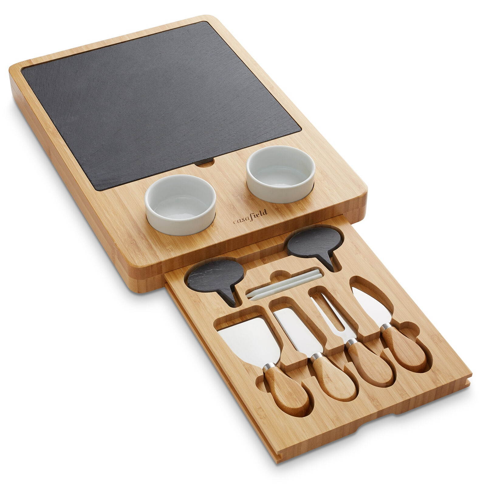 Bamboo Charcuterie Cheese Board Gift Set with Slate Tray, 4 Knives, 2 Dip Bowls
