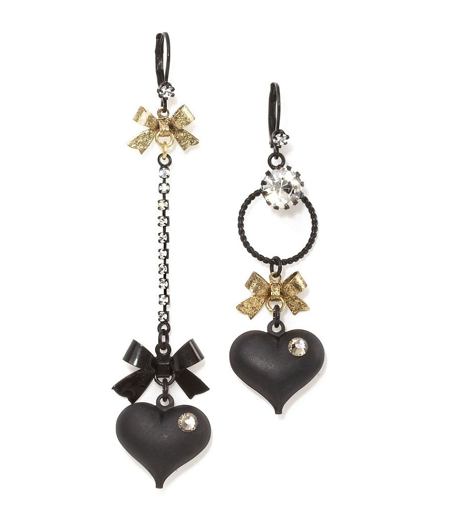 Betsey Johnson Mismatched Bow and Crystal Heart Earrings