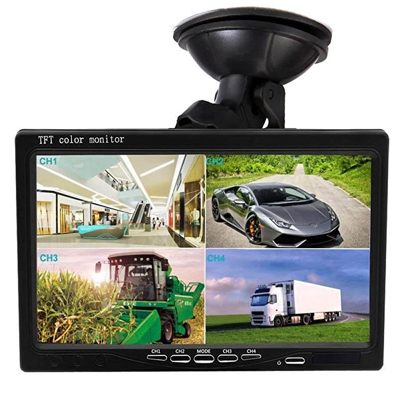 Quad Split Monitor 7 Inch HD Screen TFT LCD Video Displays for Home CCTV Surveillance Security System Windshield Style Parking Dashboard Monitor for Car Backup Camera