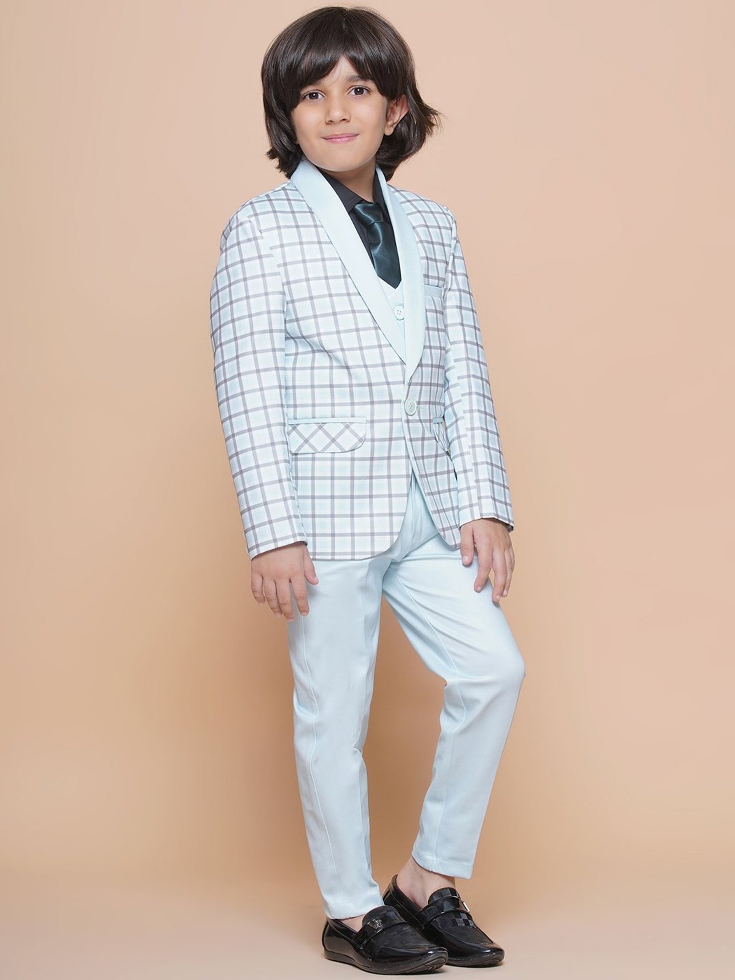 AJ Dezines Kids Sky Blue Checks Full Sleeves Shirt, Pants, Coat, Waistcoat with Tie