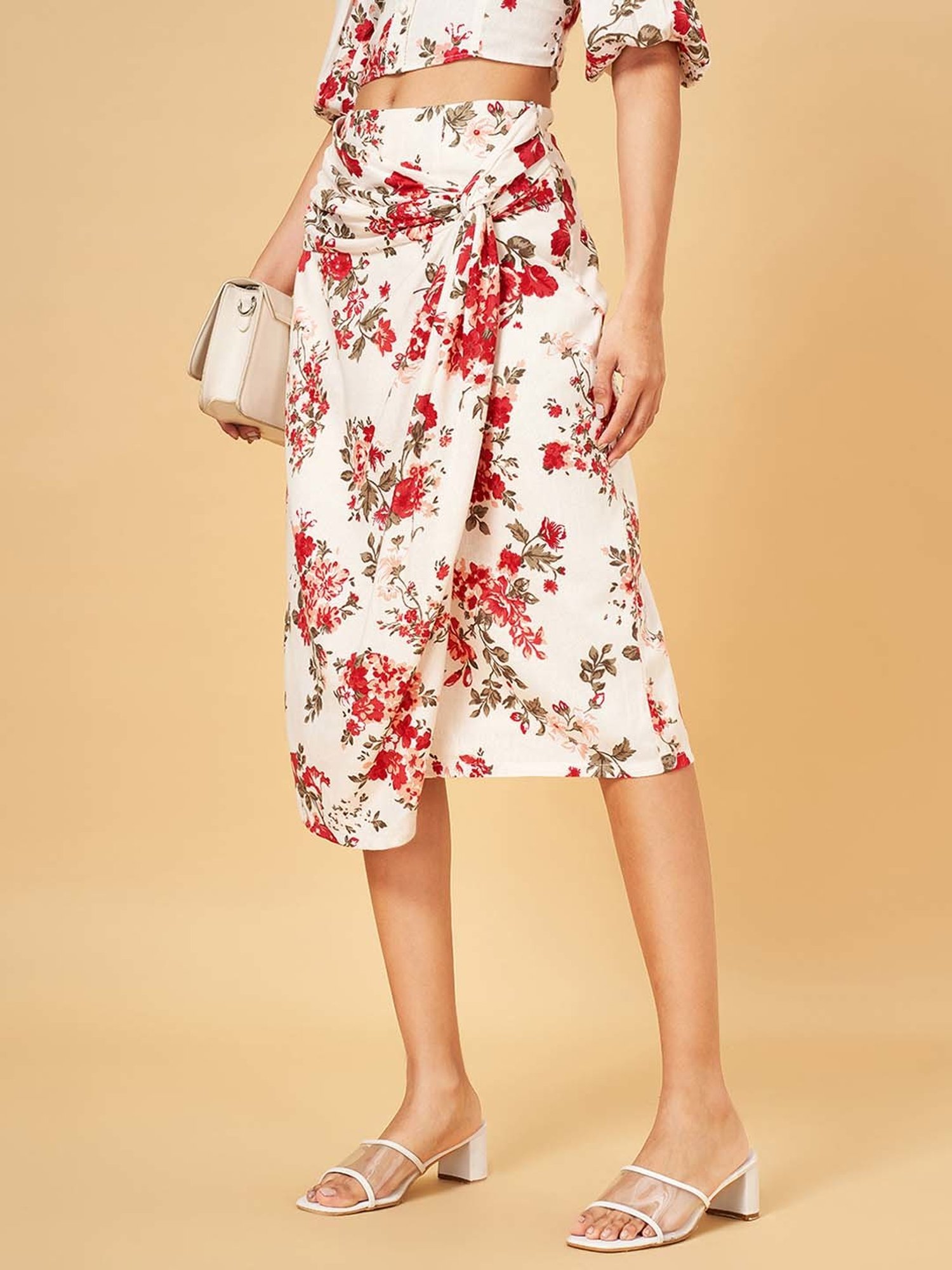 Honey by Pantaloons White & Red Printed A-Line Skirt
