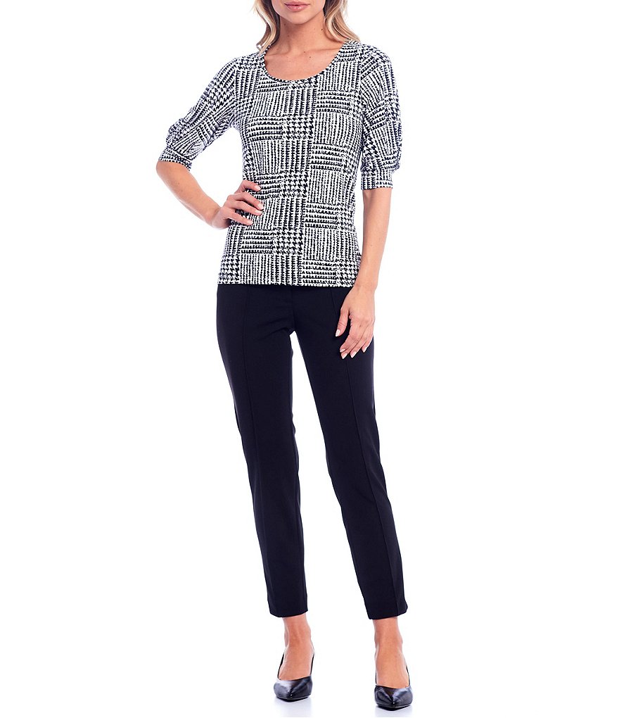 Kasper Scoop Neck Elbow Puff Sleeve Houndstooth Grid Print Crepe Tee
