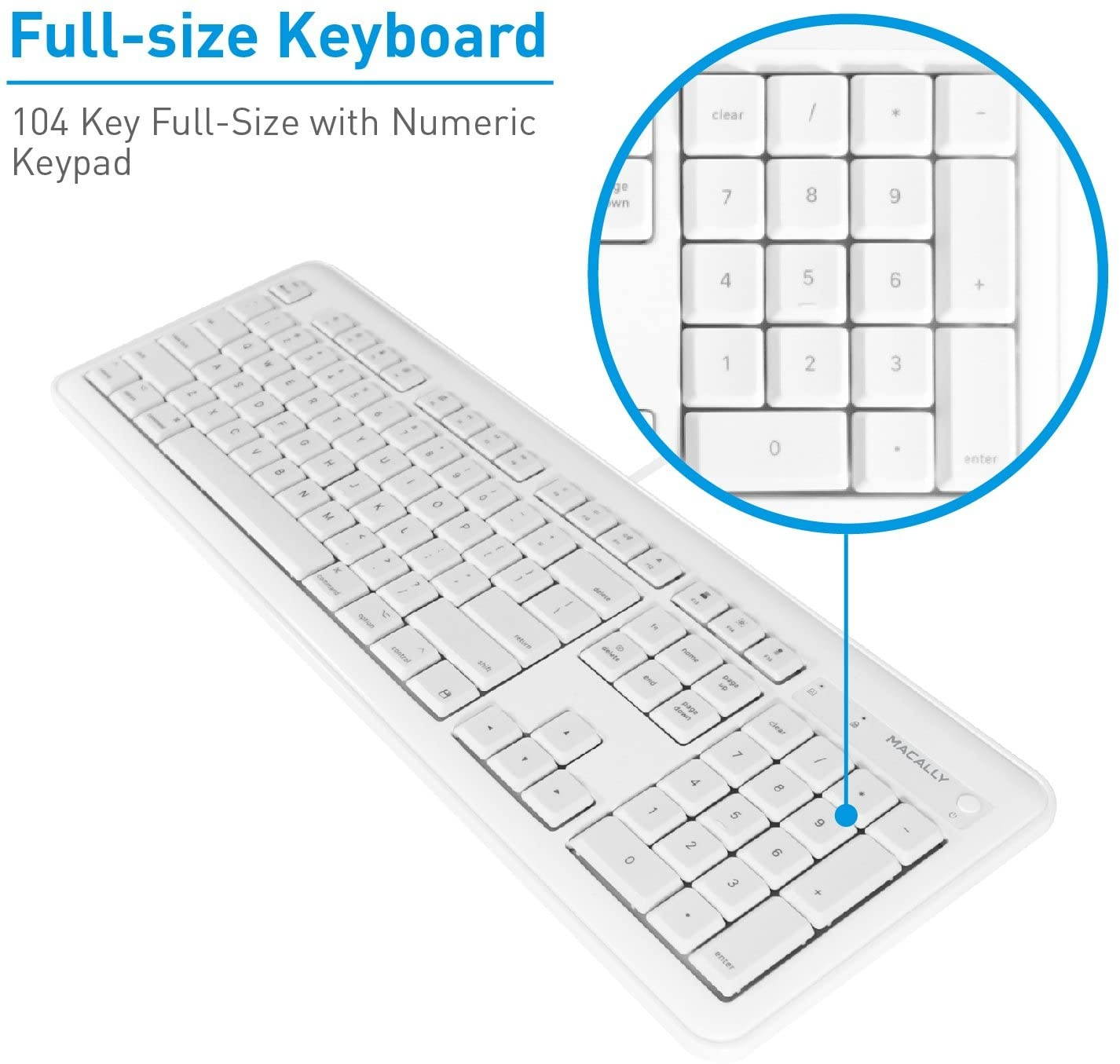 Macally Full Size USB Wired Computer Keyboard with Built-In 2-Port USB Hub - Perfect for your Mouse & 16 Apple Shortcut Keys for Mac OS, Apple iMac, Mac Mini, Macbook Pro/Air (XKEYHUB) , White