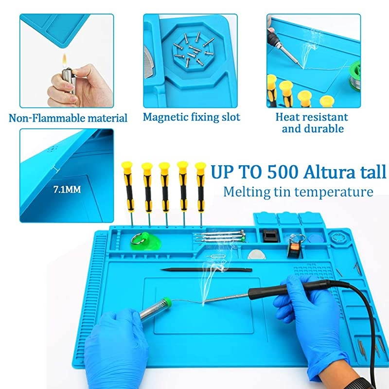 Heat Insulation Silicone Repair Mat with Scale Ruler and Screw Position, Electronics Repair Pad for Soldering Iron, Repair Watch,Phone and Computer Size:17.7 x 11.8 Inches - Blue