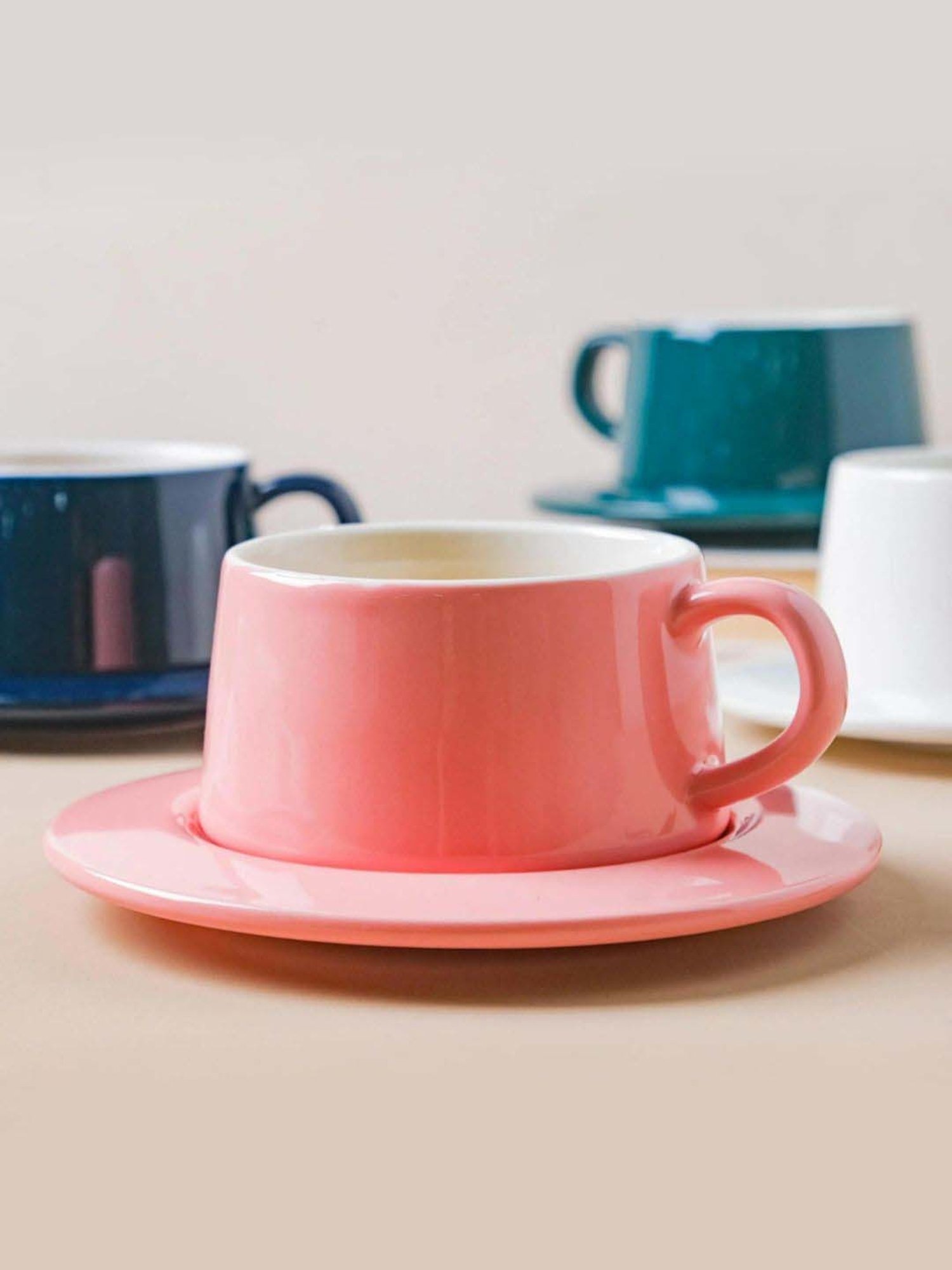 Nestasia Premium Quality Glossy Pink Cup With Round Handle & Saucer Set For Serving Hot Drinks