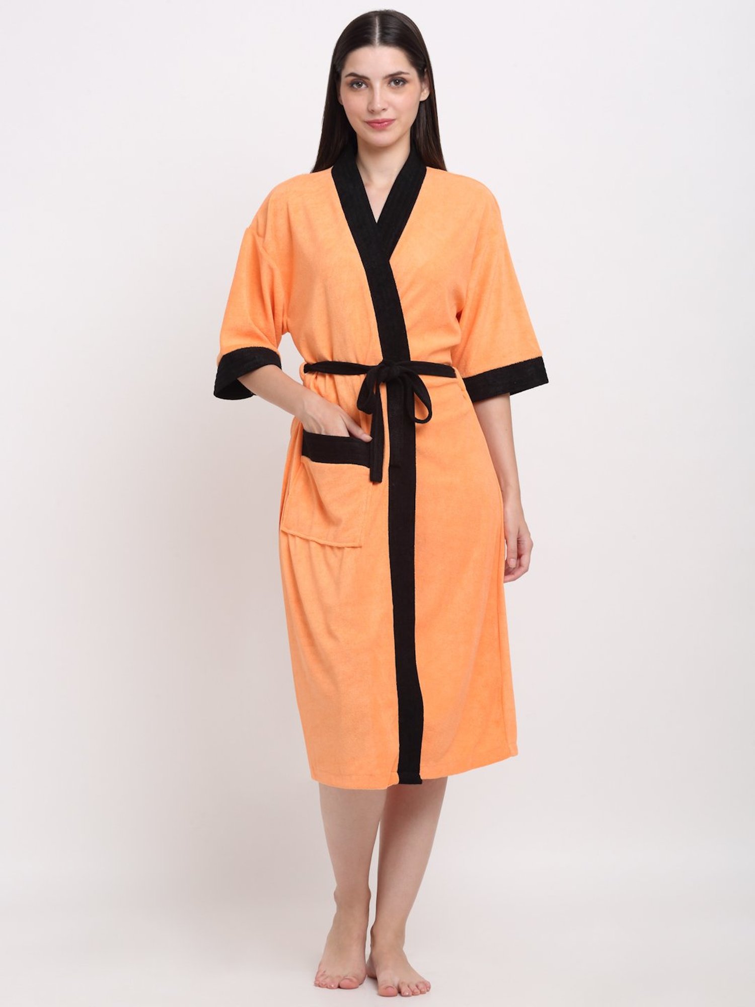 Creeva Everyday Orange & Black 225 GSM Micro Terry Bathrobe with Front Pocket & Kimono Collar
