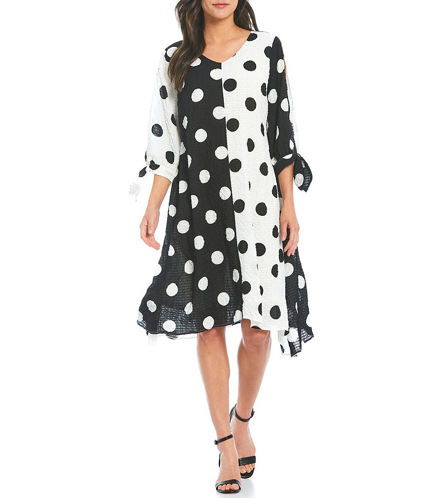IC Collection V-Neck Split Tie Sleeve Color Block Polka Dot Swing Dress