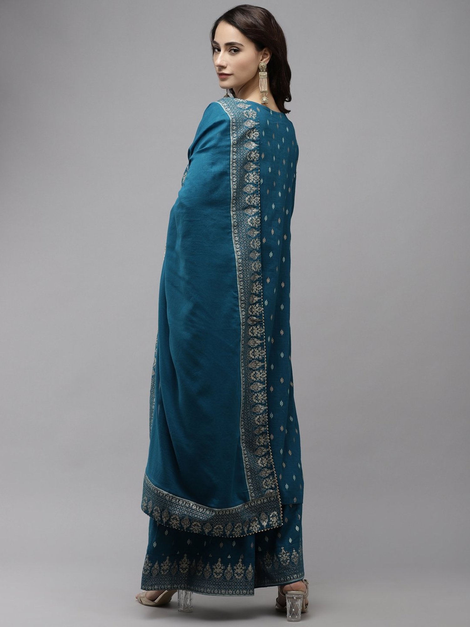 Ishin Blue Pure Cotton Embellished Kurta Sharara Set With Dupatta
