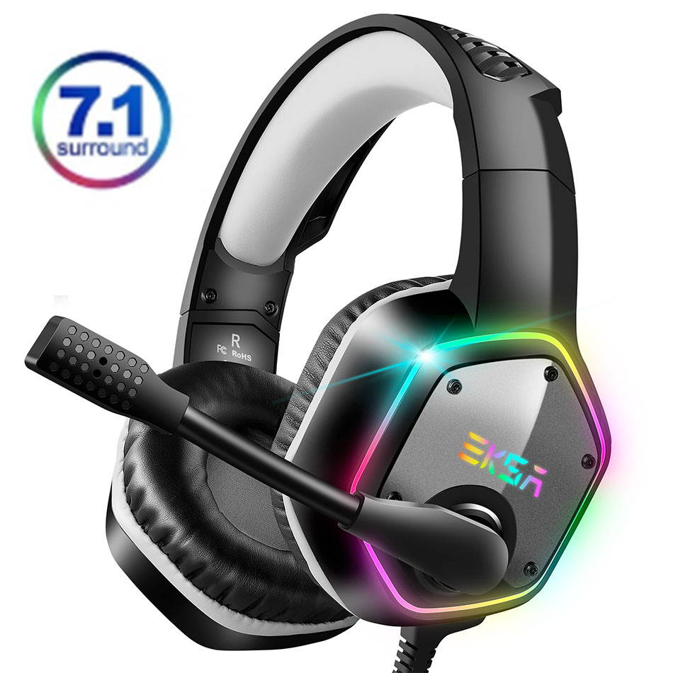 EKSA E1000 Gaming Headset 7.1 Virtual Surround Gaming Headphones Wired USB Earphone With LED RGB Light Mic For Computer/PC/PS4 Gray/Green