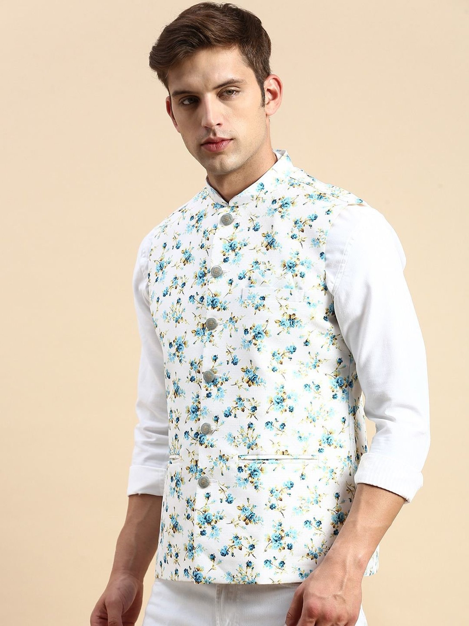 VASTRAMAY Teal Green Regular Fit Printed Nehru Jacket