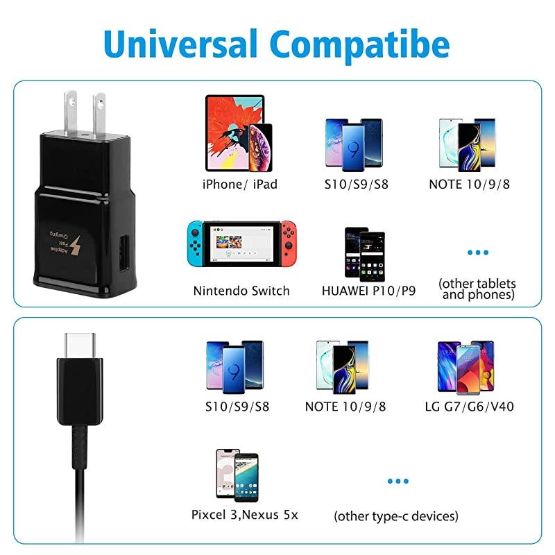 Fast Charger Compatible with Samsung Galaxy s9 s9 Plus s10 s10+ s10e s8 s8 PlusNote 9 Note 8 Active Wall Charger Adapter with USB Type C Cable