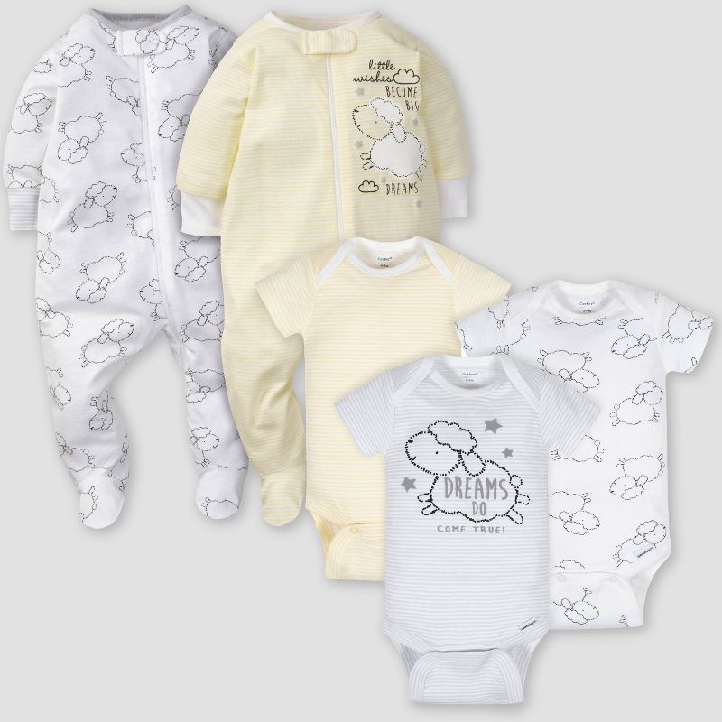 Gerber Baby 5pk Lamb Short Sleeve Onesies and Sleep N' Play - White/Yellow 3-6M